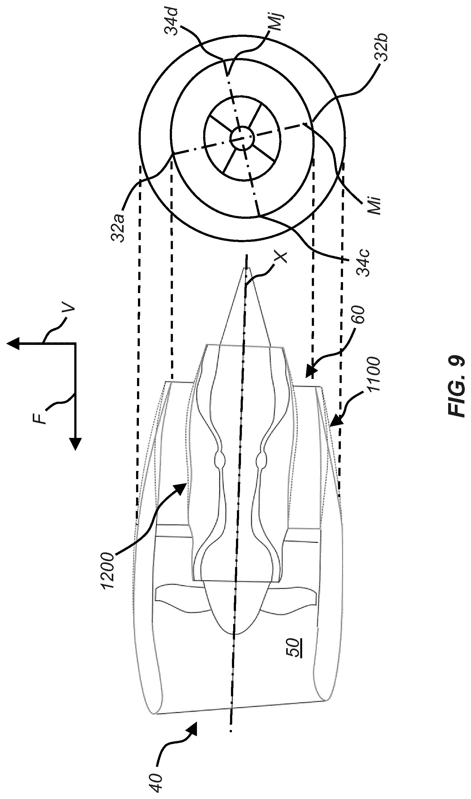 Patent US11772806 Figure 6 – Aircraft engine nacelle with an aft end major axis substantially parallel to the leading edge of a wing