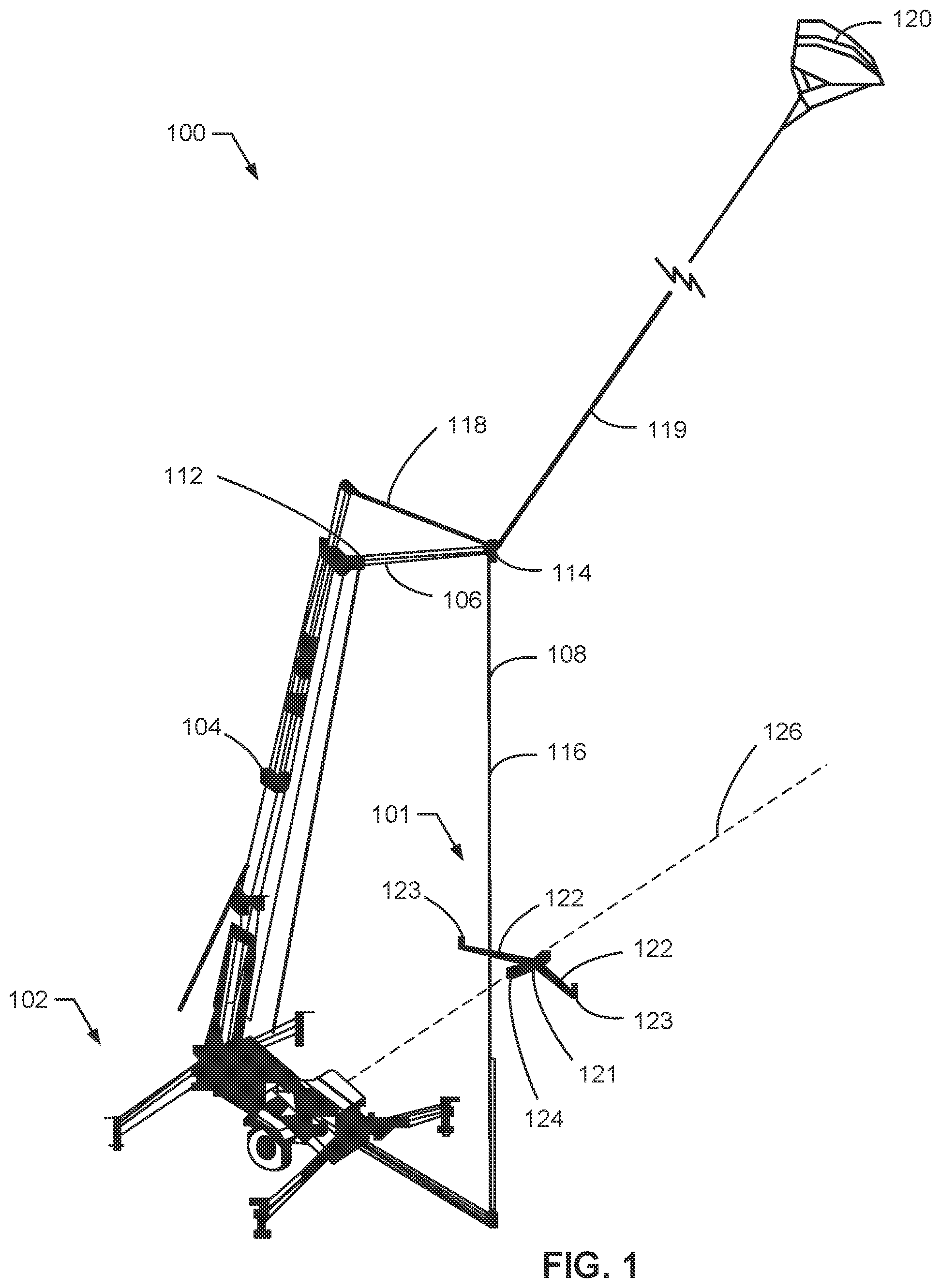 Patent US11772815 Figure 1 – Methods and apparatus to recover unmanned aerial vehicles with kites