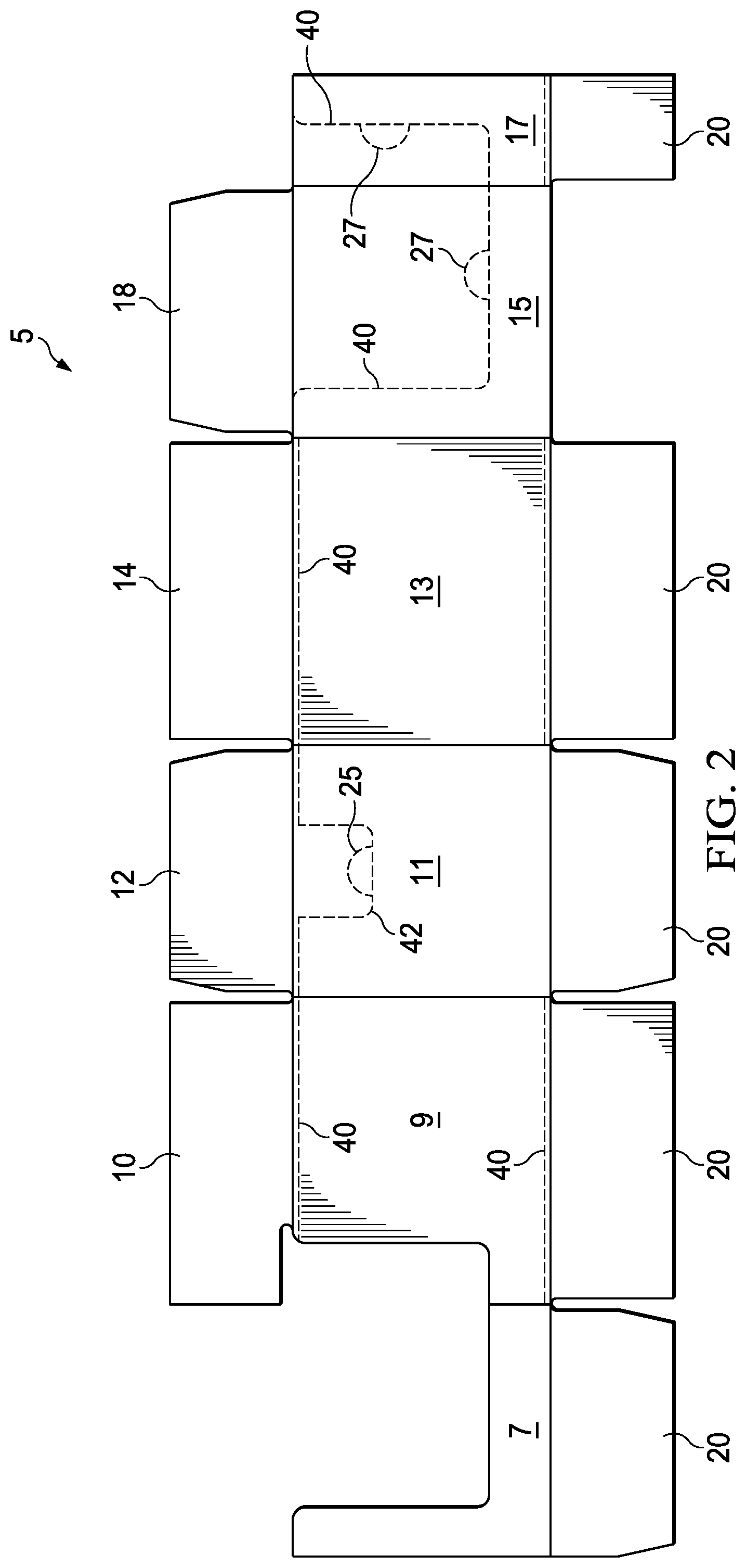 Patent US11772842 Figure 3 – Package with reinforced lines of weakness for storage and transport