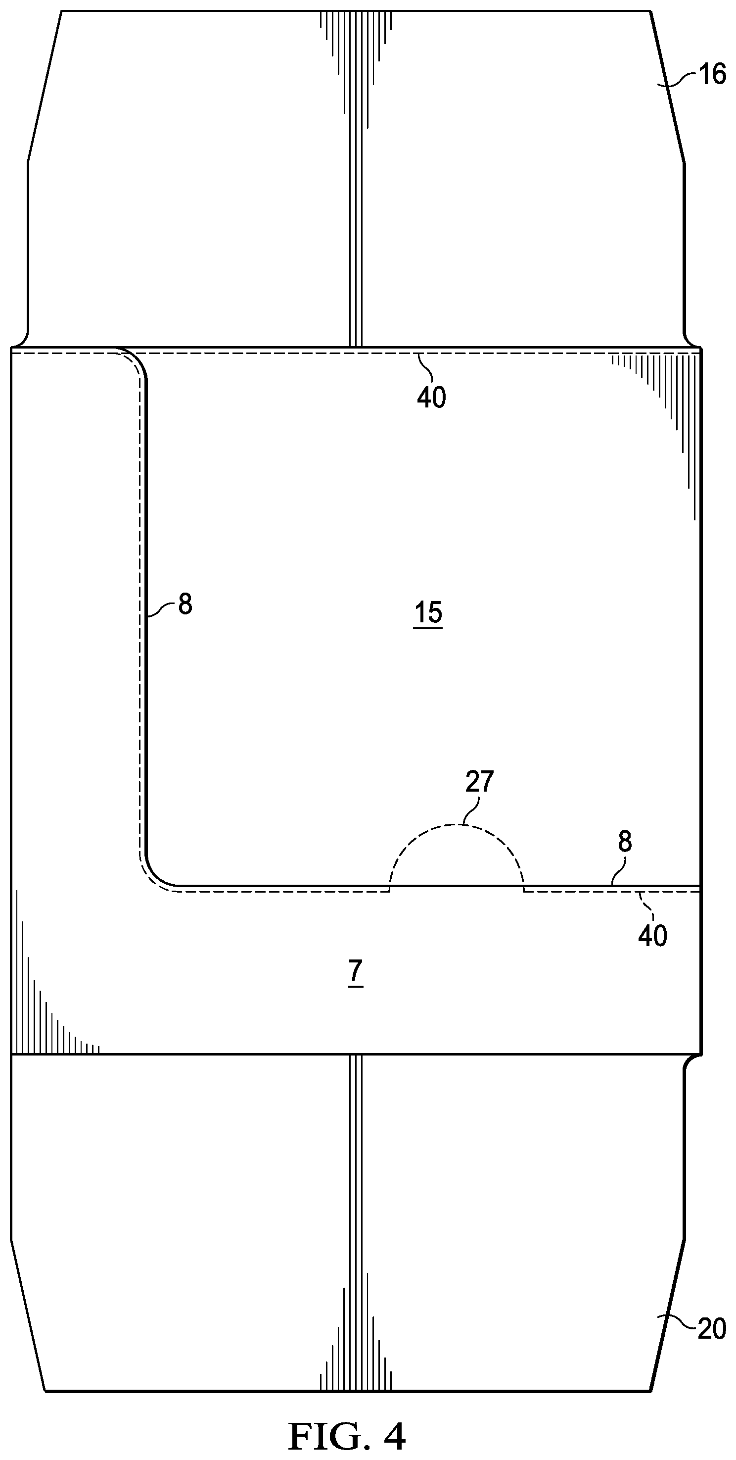 Patent US11772842 Figure 5 – Package with reinforced lines of weakness for storage and transport