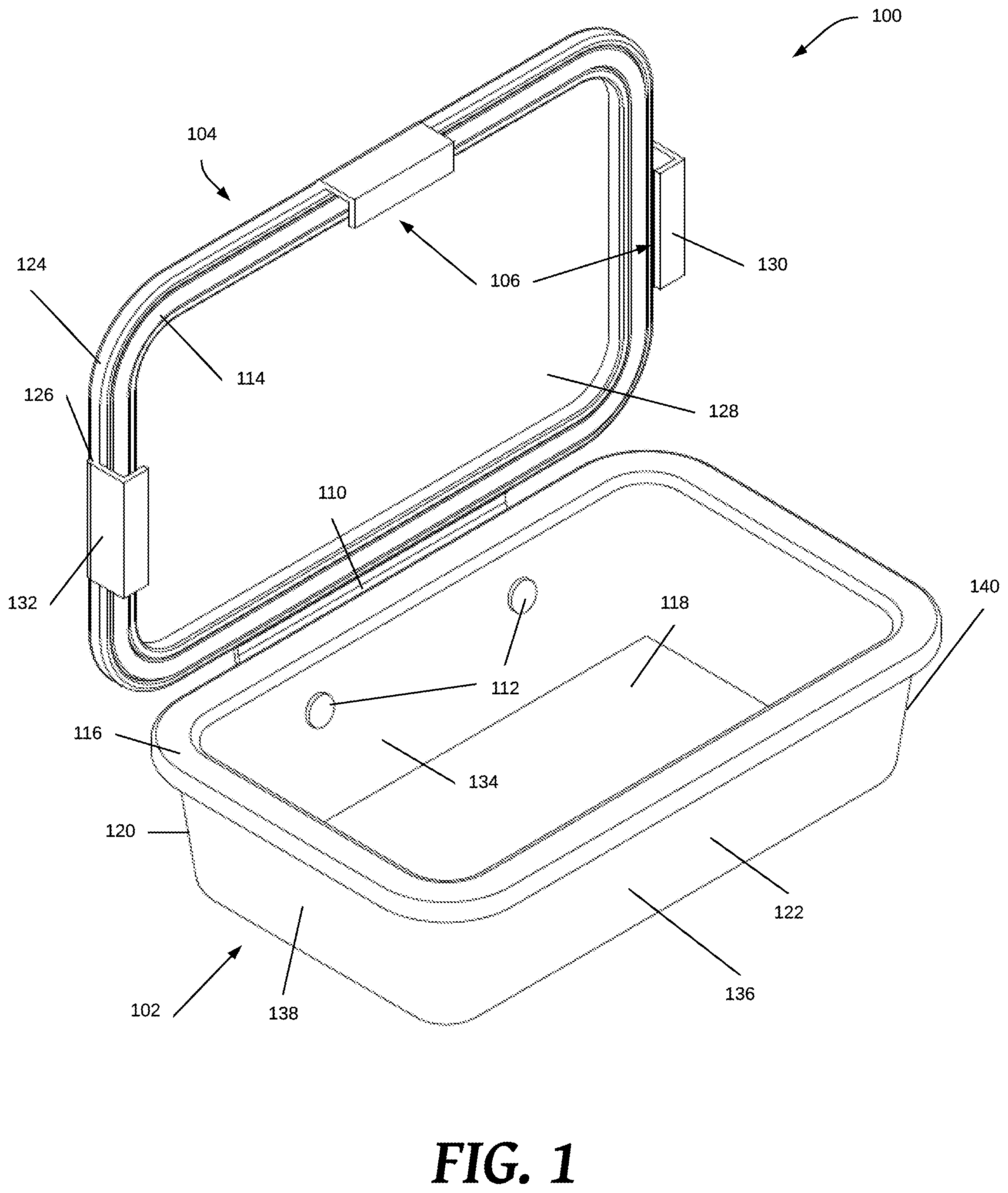 Patent US11772857 Figure 1 – Food storage container having attached lid