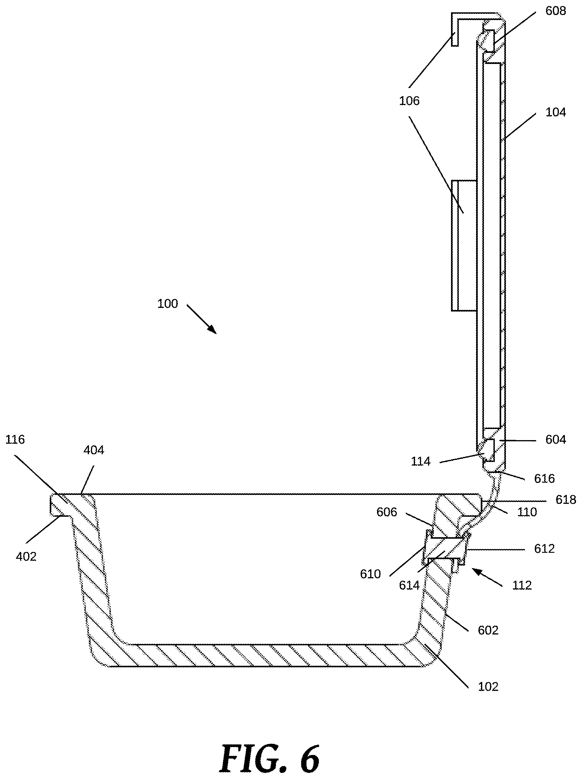 Patent US11772857 Figure 6 – Food storage container having attached lid