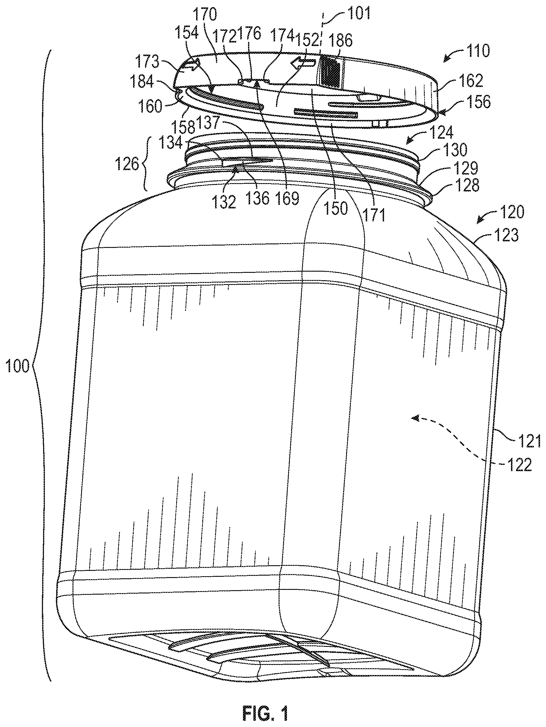 Patent US11772860 Figure 1 – Container and cap having tamper-evident member