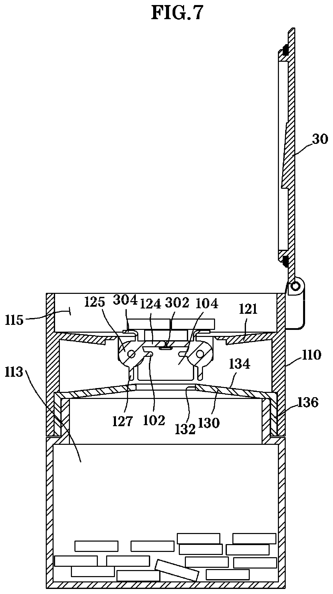Patent US11772879 Figure 7 – Content receiving device, opening/closing mechanism, and container mechanism comprising the same