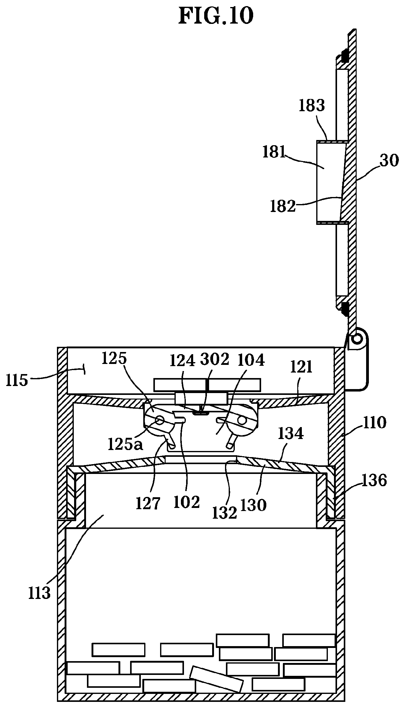 Patent US11772879 Figure 10 – Content receiving device, opening/closing mechanism, and container mechanism comprising the same