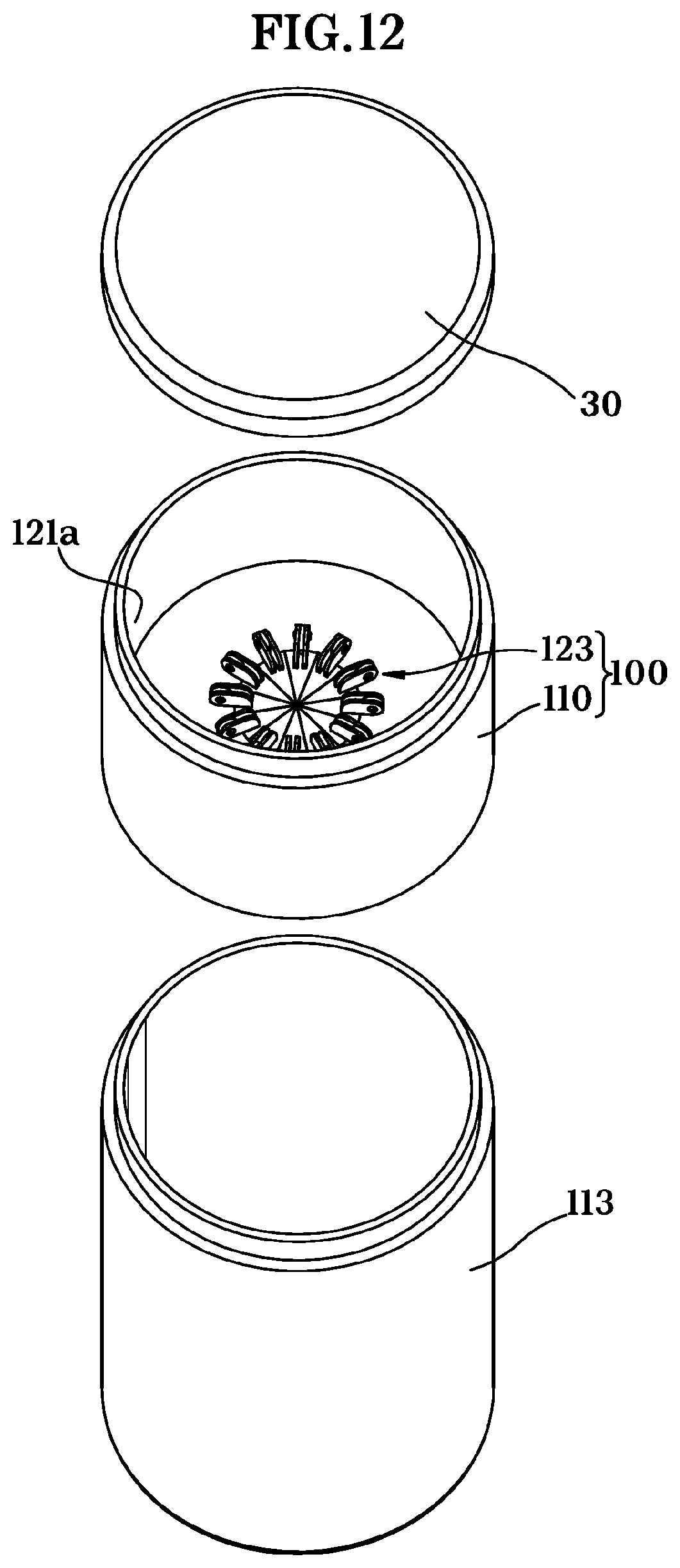 Patent US11772879 Figure 12 – Content receiving device, opening/closing mechanism, and container mechanism comprising the same