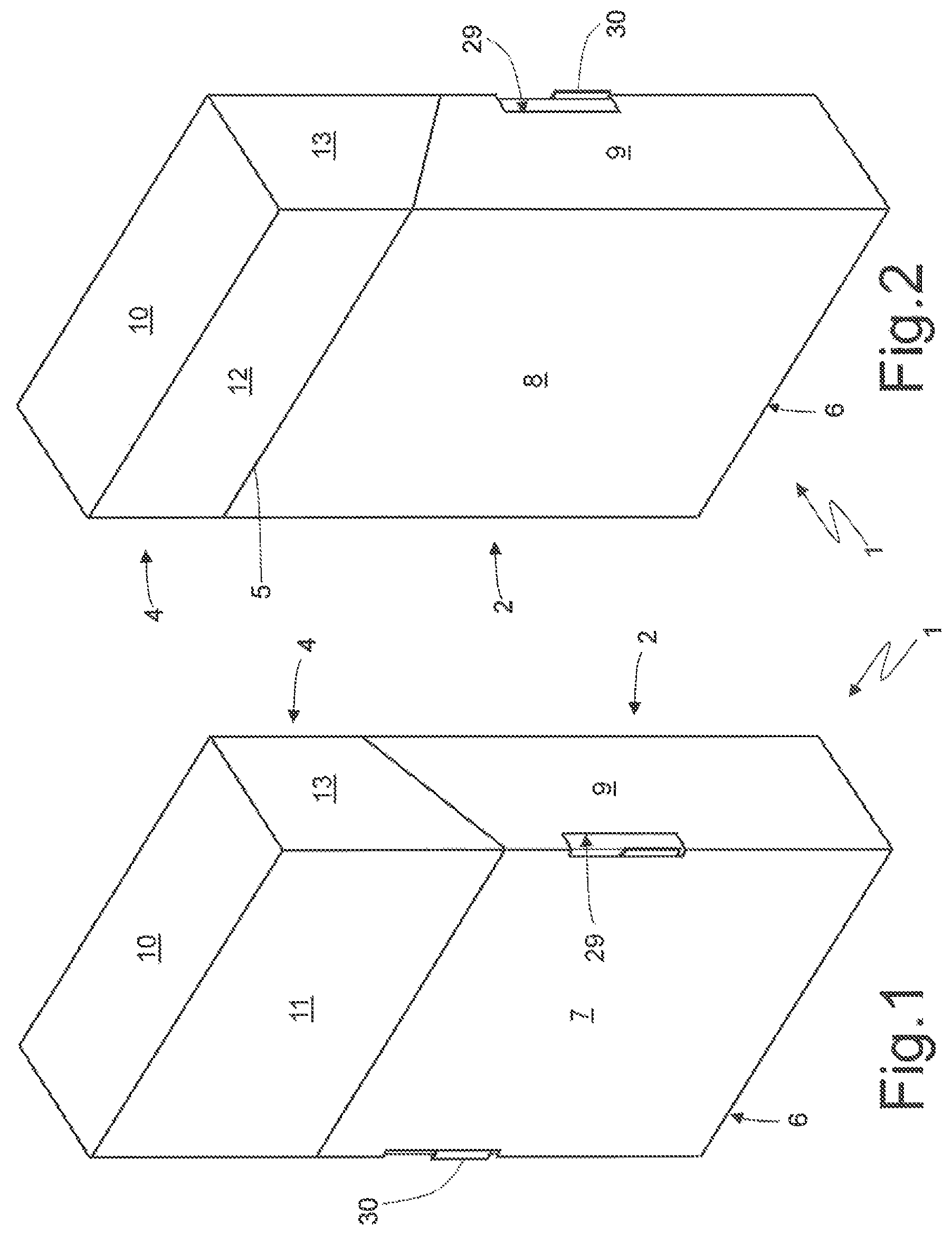 Patent US11772882 Figure 1 – Rigid pack for smoking articles provided with a hinged lid