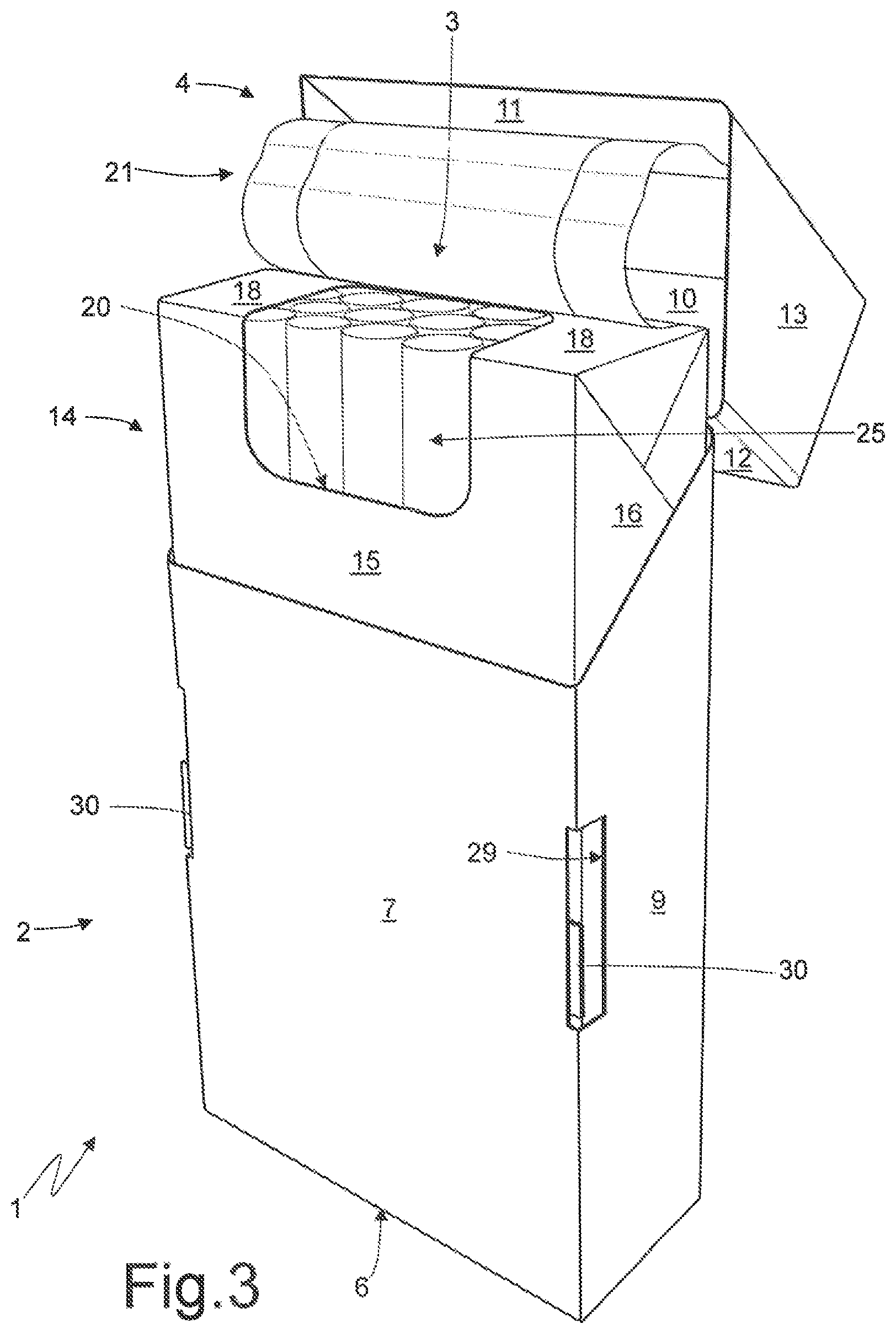 Patent US11772882 Figure 2 – Rigid pack for smoking articles provided with a hinged lid