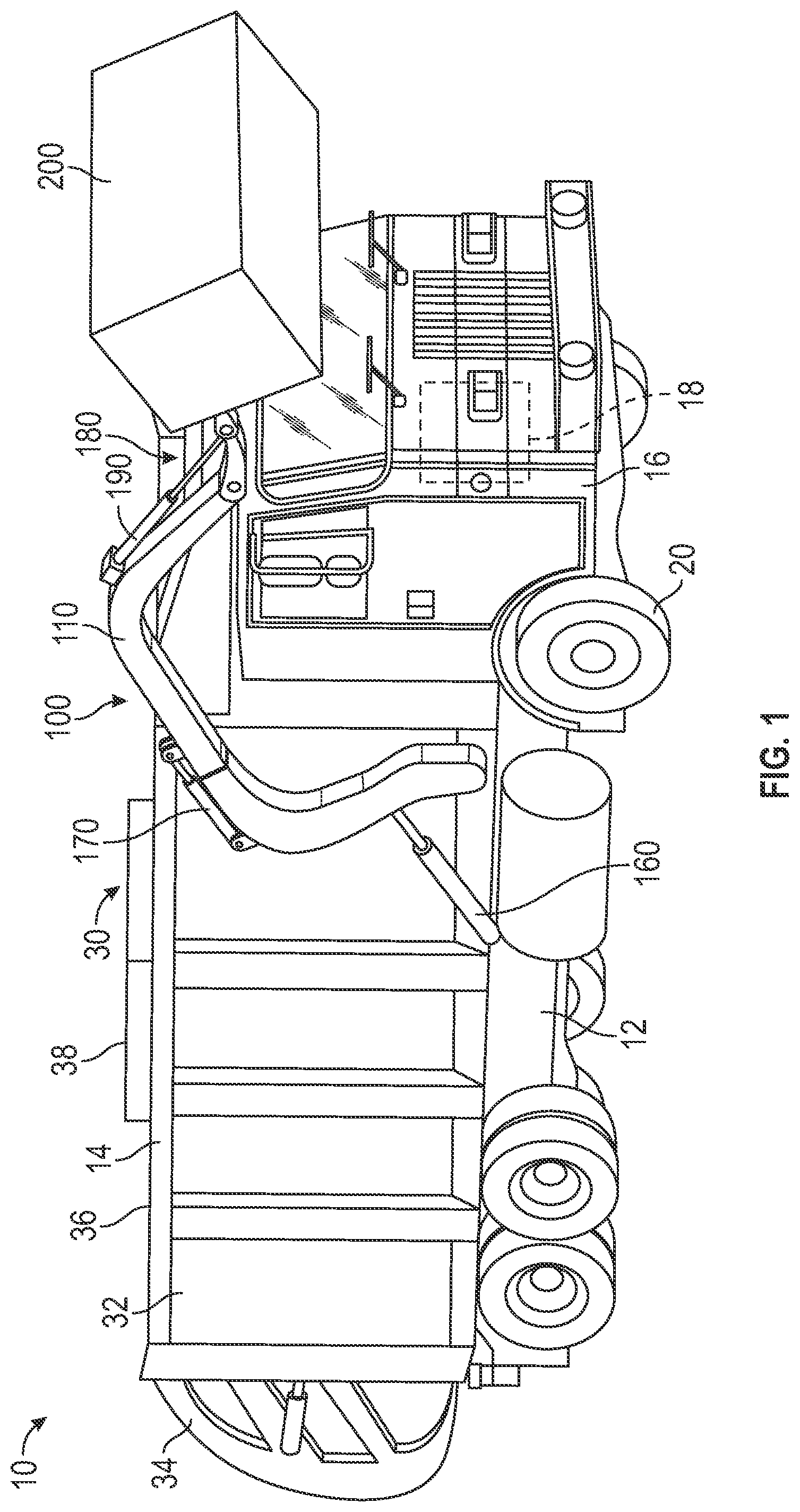 Patent US11772889 Figure 1 – Extendable lift arm assembly for a front end loading refuse vehicle