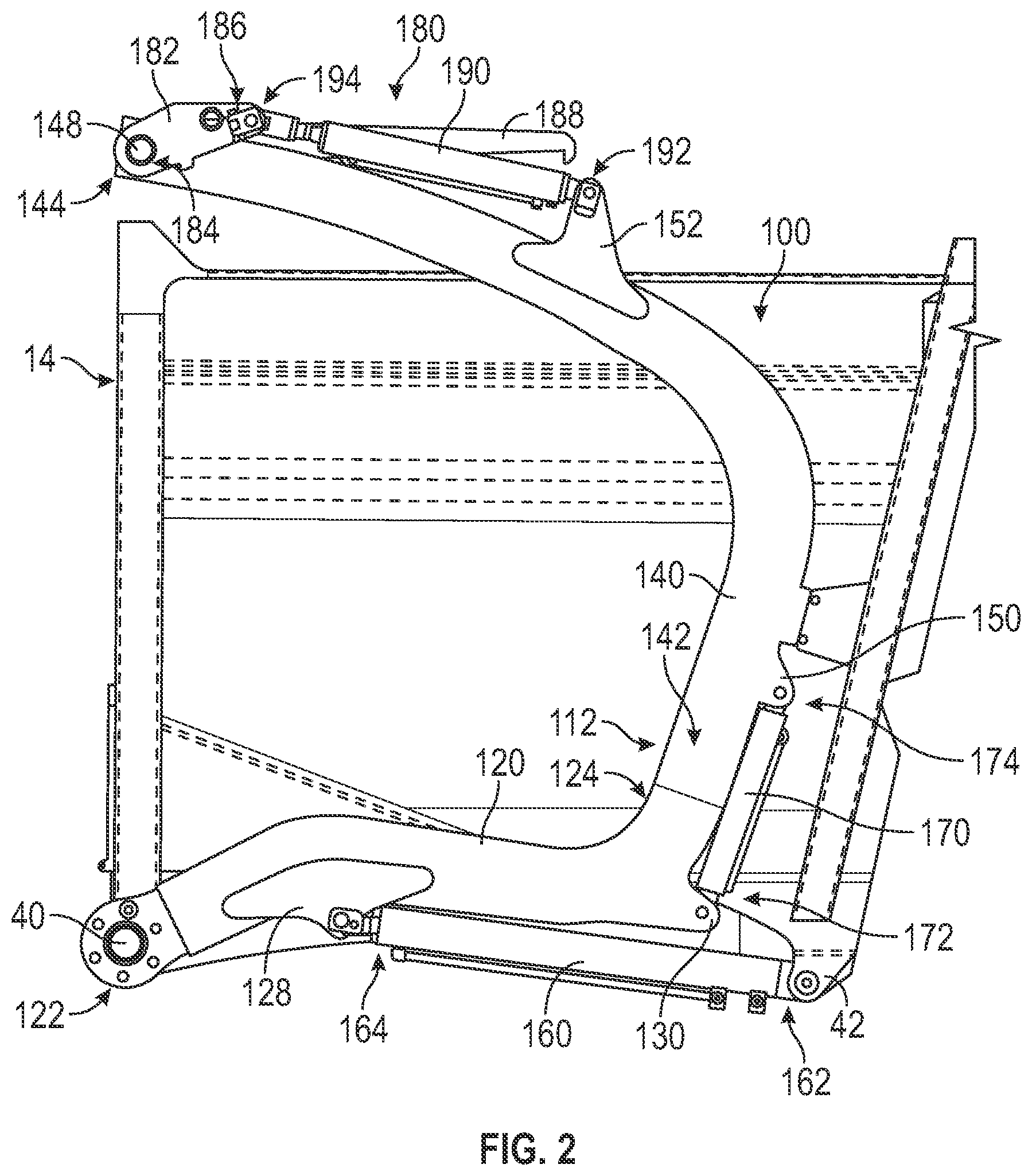 Patent US11772889 Figure 2 – Extendable lift arm assembly for a front end loading refuse vehicle