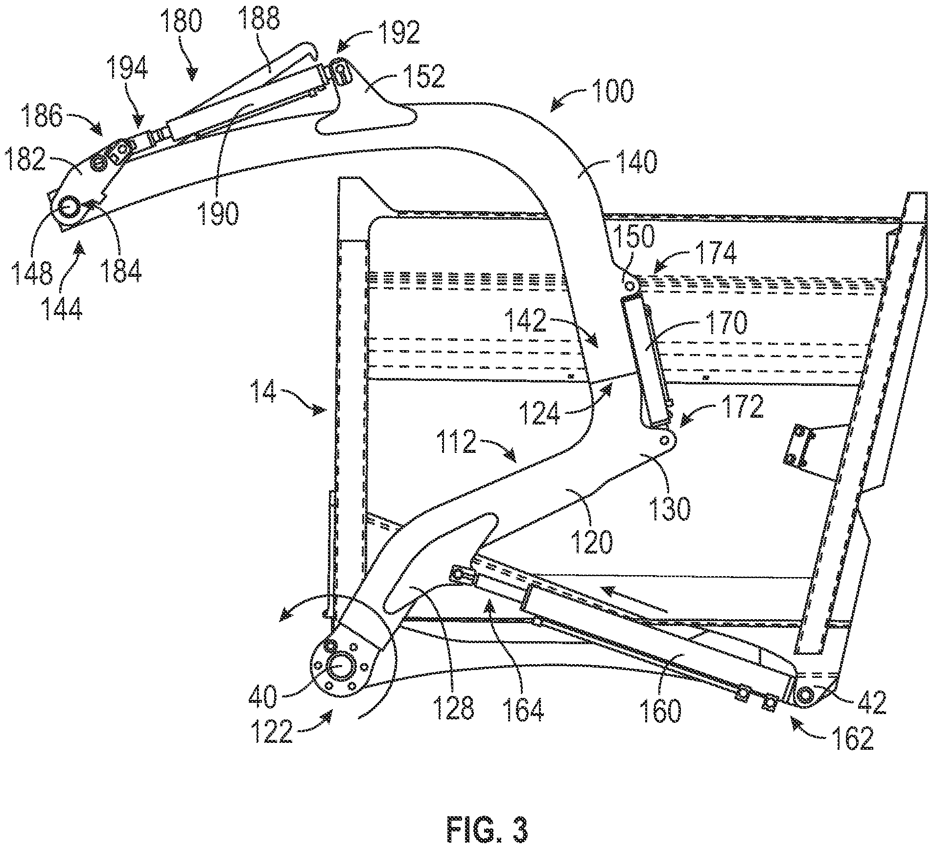 Patent US11772889 Figure 3 – Extendable lift arm assembly for a front end loading refuse vehicle