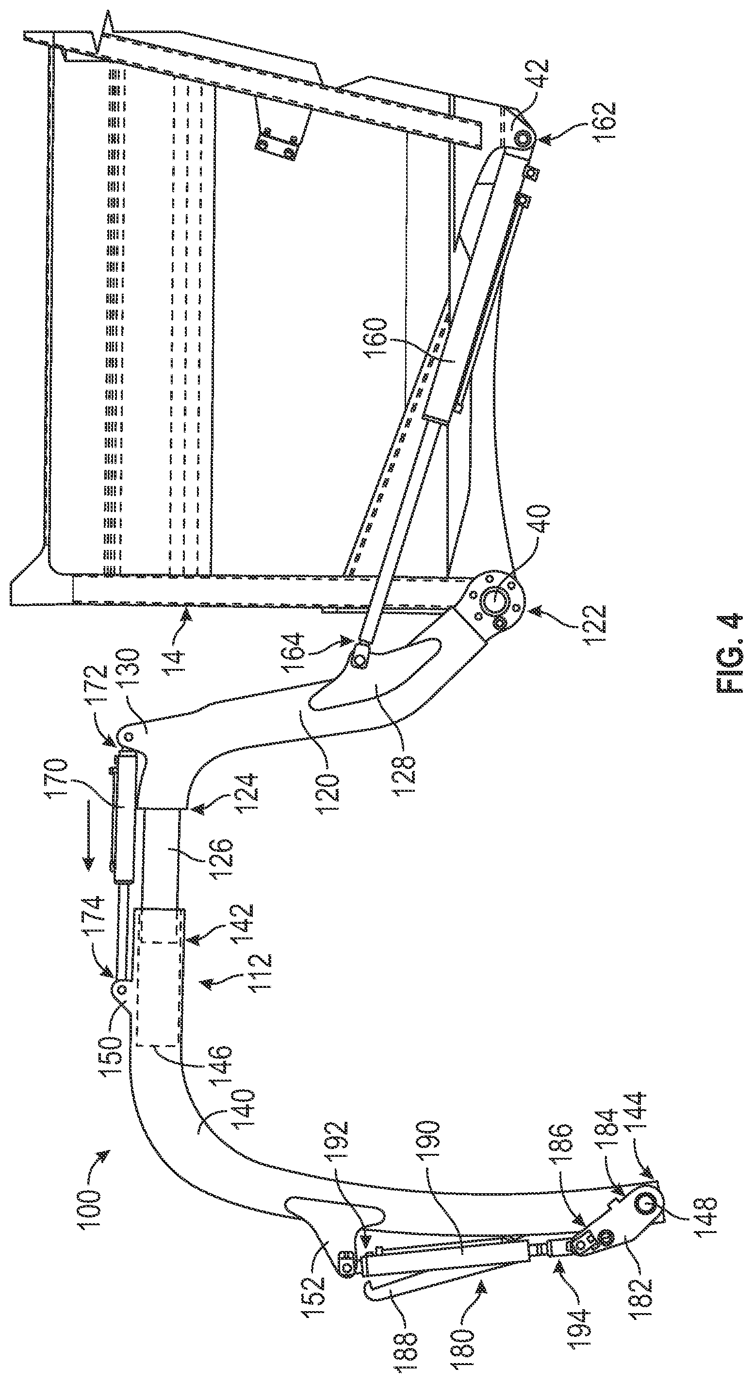 Patent US11772889 Figure 4 – Extendable lift arm assembly for a front end loading refuse vehicle