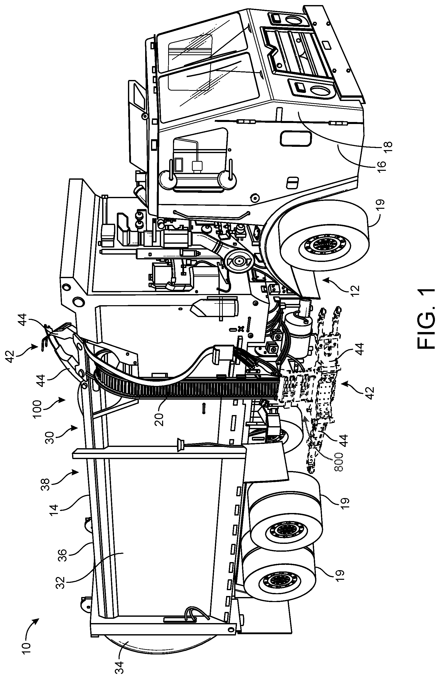 Patent US11772890 Figure 1 – Refuse vehicle with electric reach apparatus