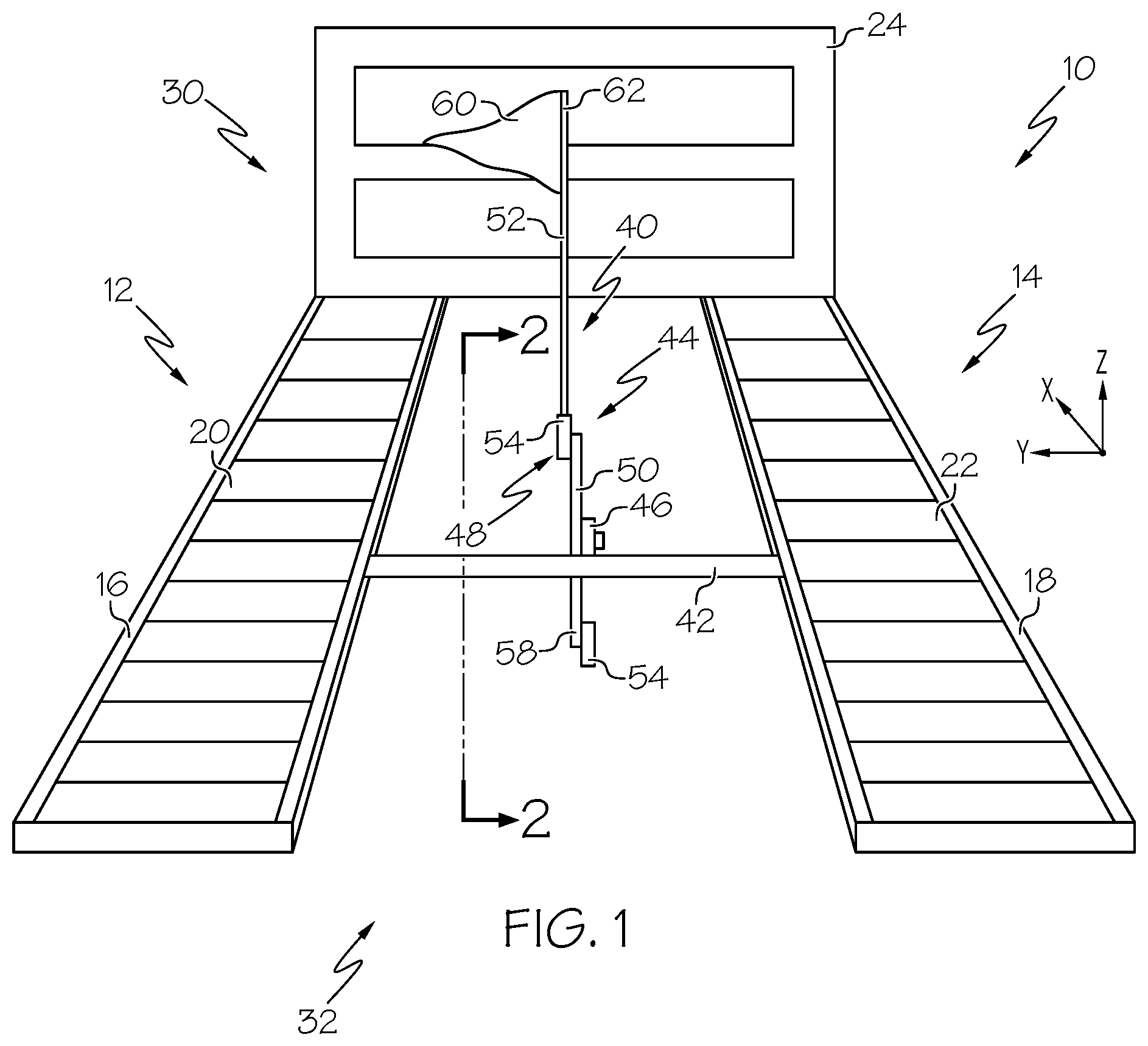 Patent US11772900 Figure 1 – Conveyor systems including awareness flag mechanisms