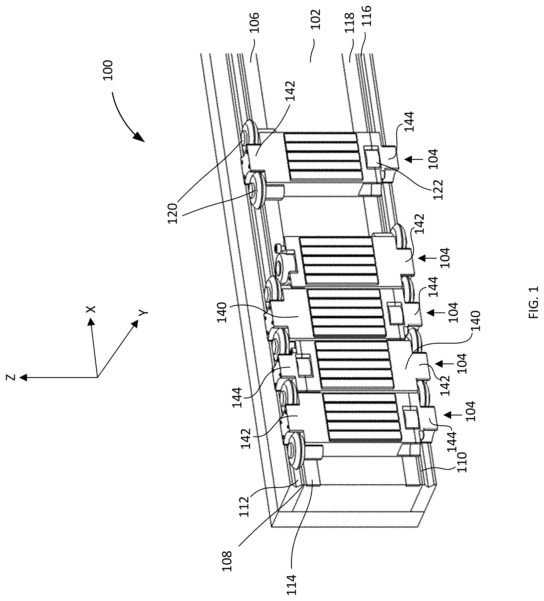 Patent US11772909 Figure 1 – Linear motor conveyor system and moving elements therefor providing a reduced tooling pitch