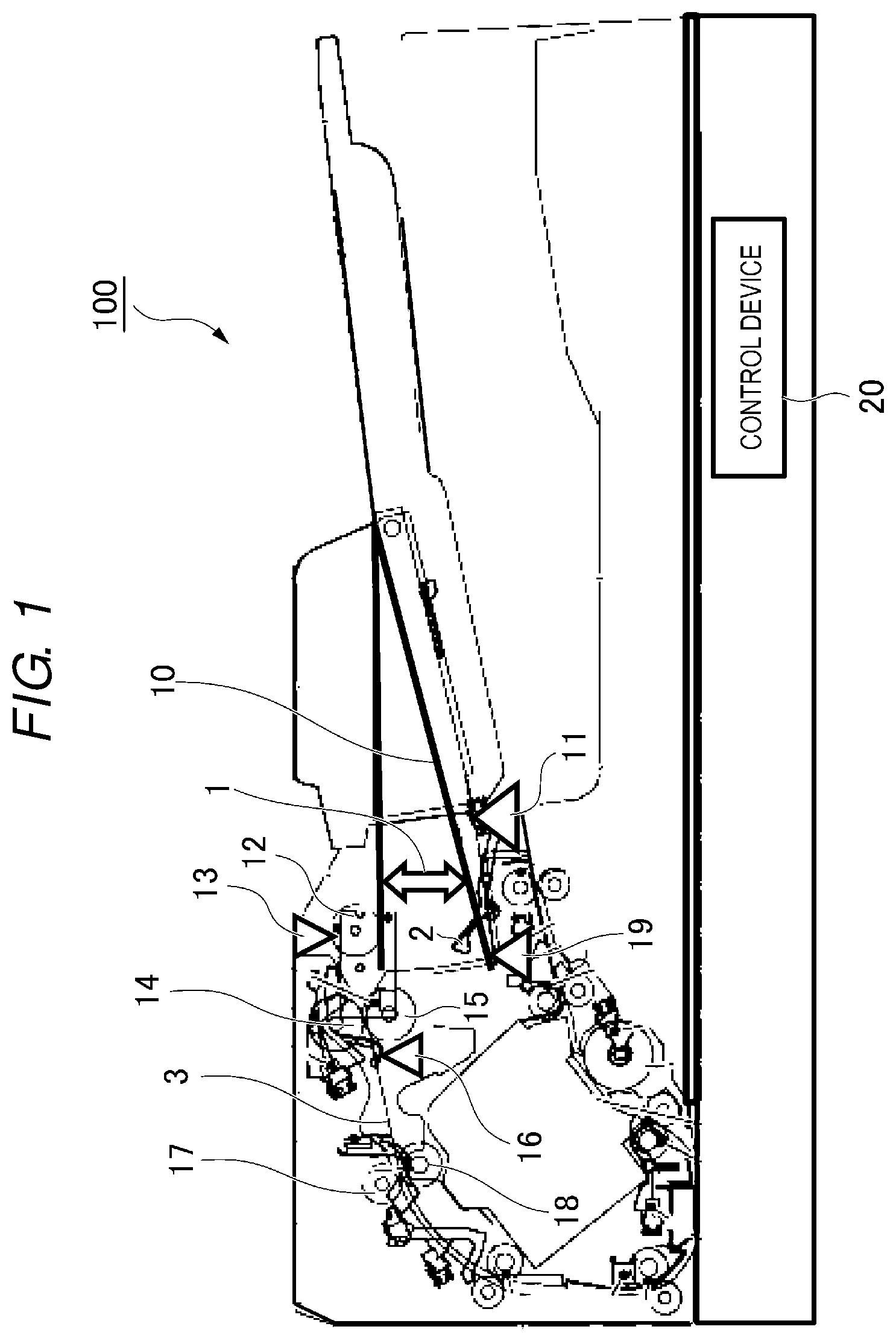 Patent US11772917 Figure 1 – Sheet conveying device, image forming apparatus, and sheet presence or absence determination method
