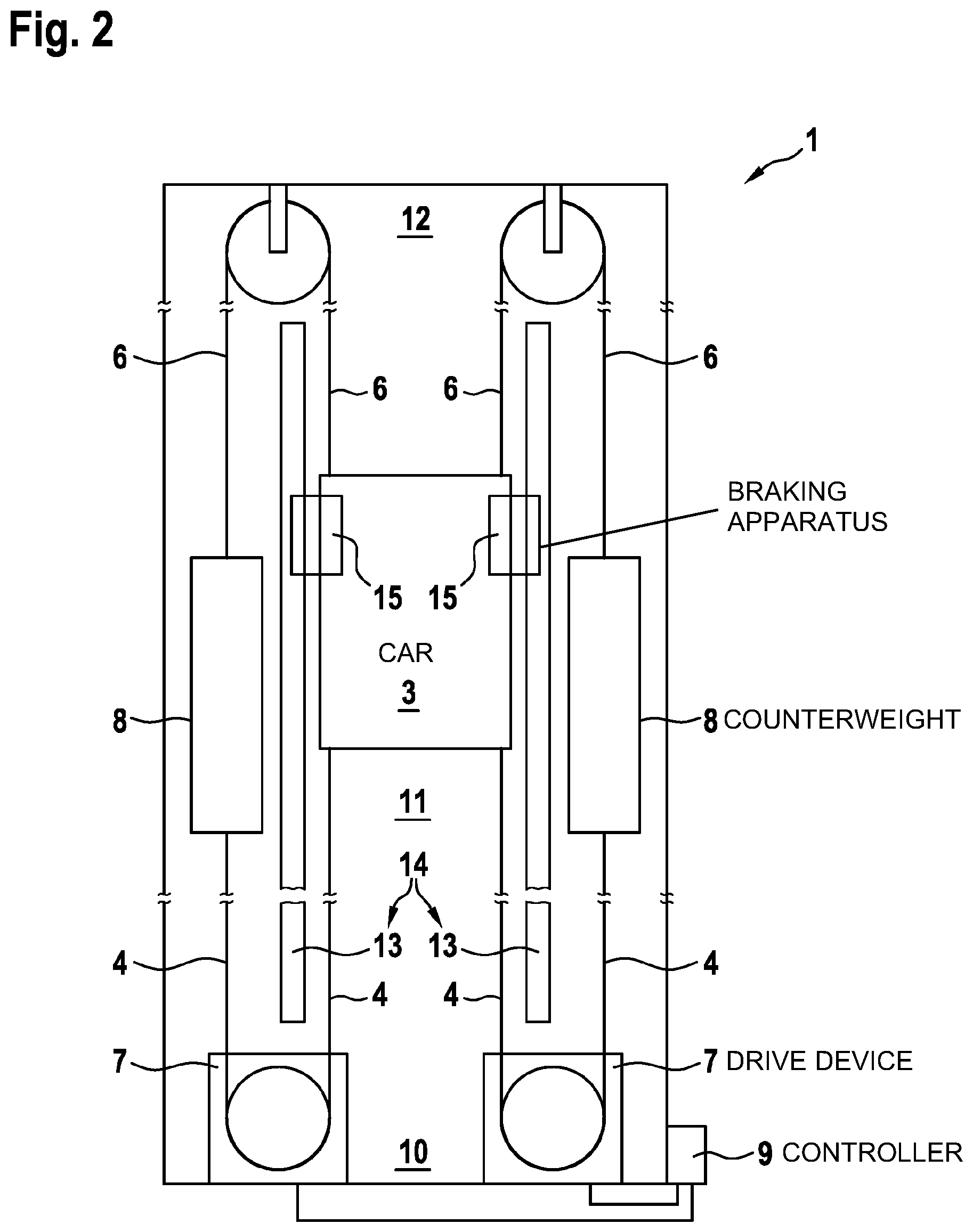 Patent US11772933 Figure 2 – Brake device for an elevator car, comprising an integrated load measuring device, use thereof in an elevator system, and method