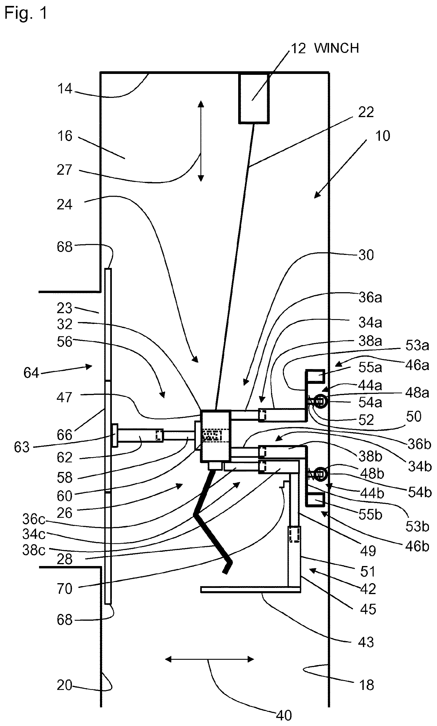 Patent US11772934 Figure 1 – Mounting frame for displacing and fixing in a shaft