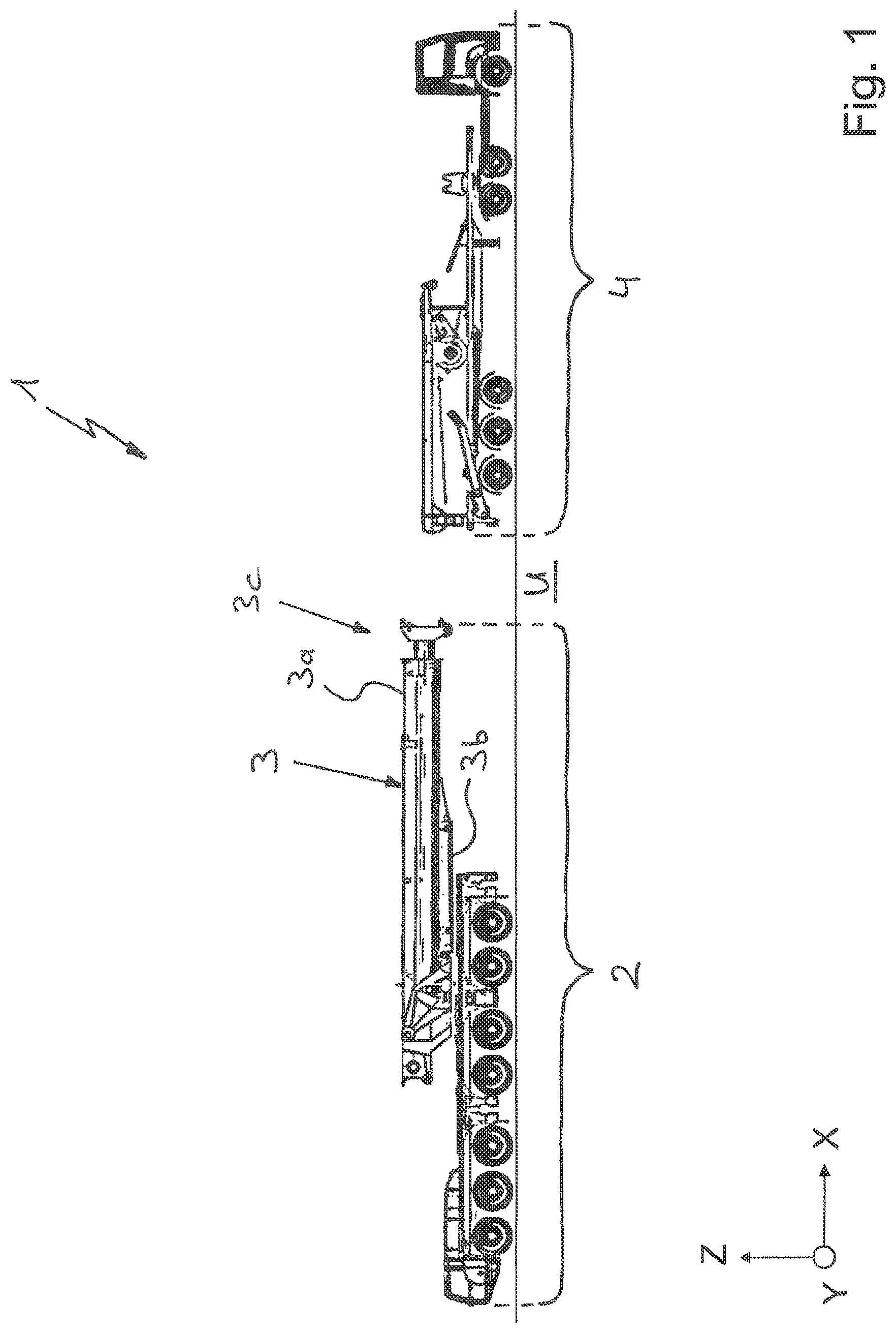 Patent US11772940 Figure 1 – Vehicle crane system having an attachment part transporting unit for a bracing device, in particular a lateral superlift, of a vehicle crane