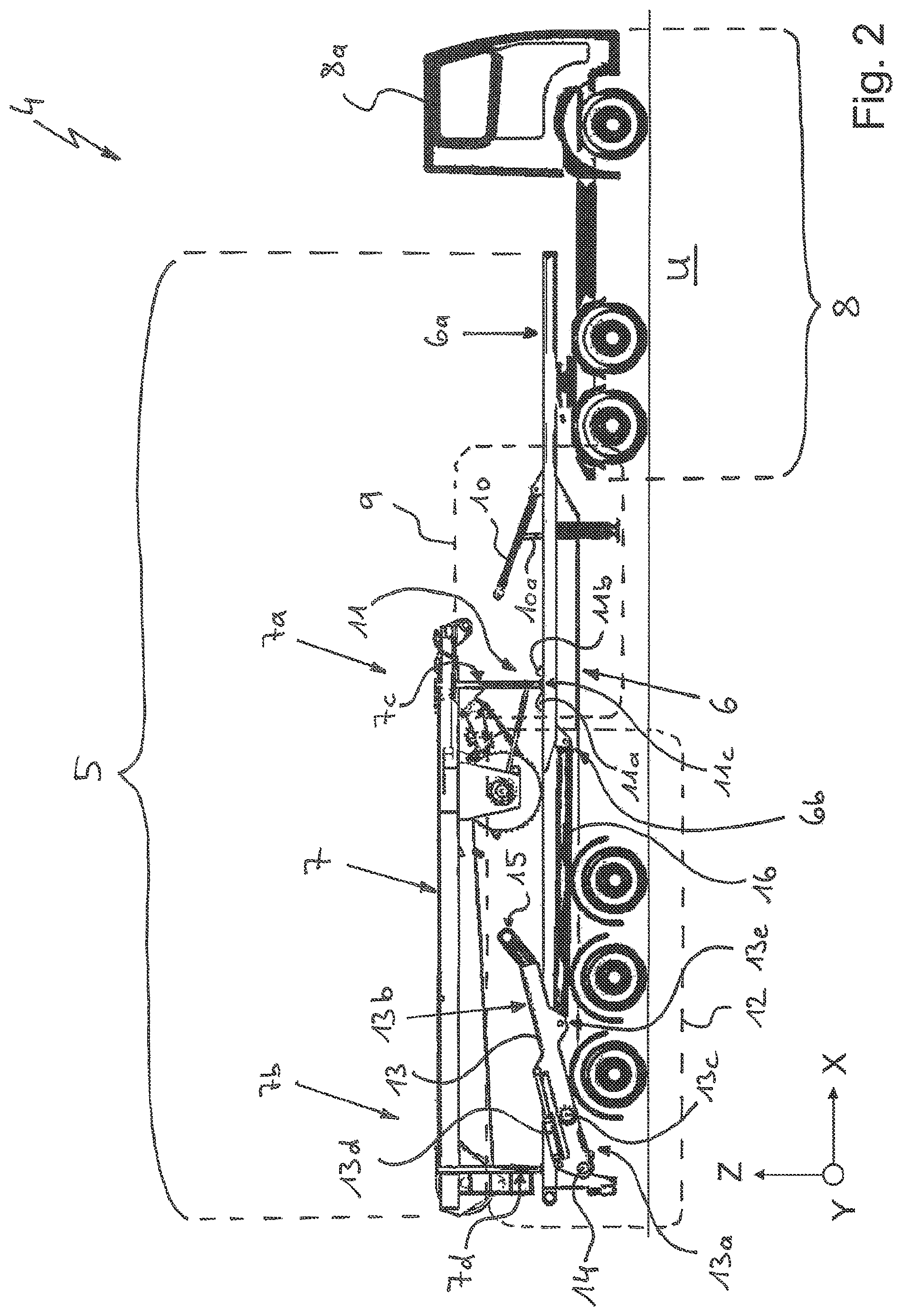 Patent US11772940 Figure 2 – Vehicle crane system having an attachment part transporting unit for a bracing device, in particular a lateral superlift, of a vehicle crane