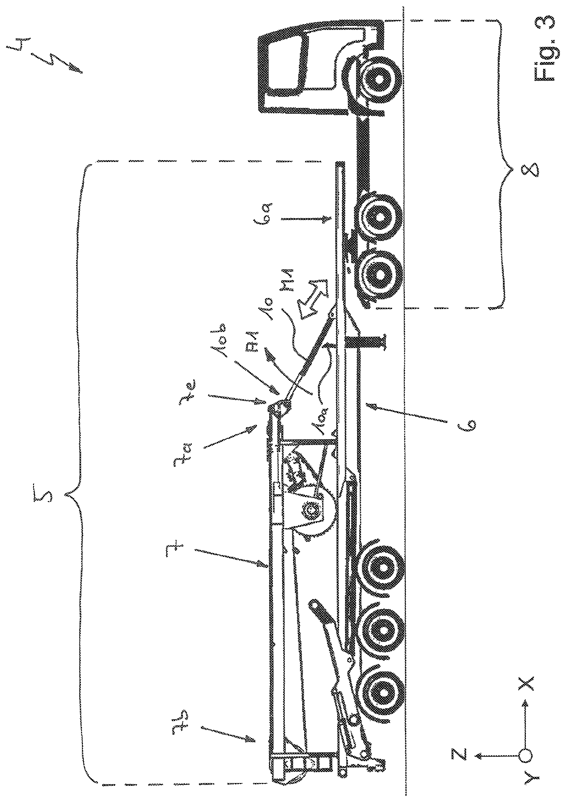 Patent US11772940 Figure 3 – Vehicle crane system having an attachment part transporting unit for a bracing device, in particular a lateral superlift, of a vehicle crane