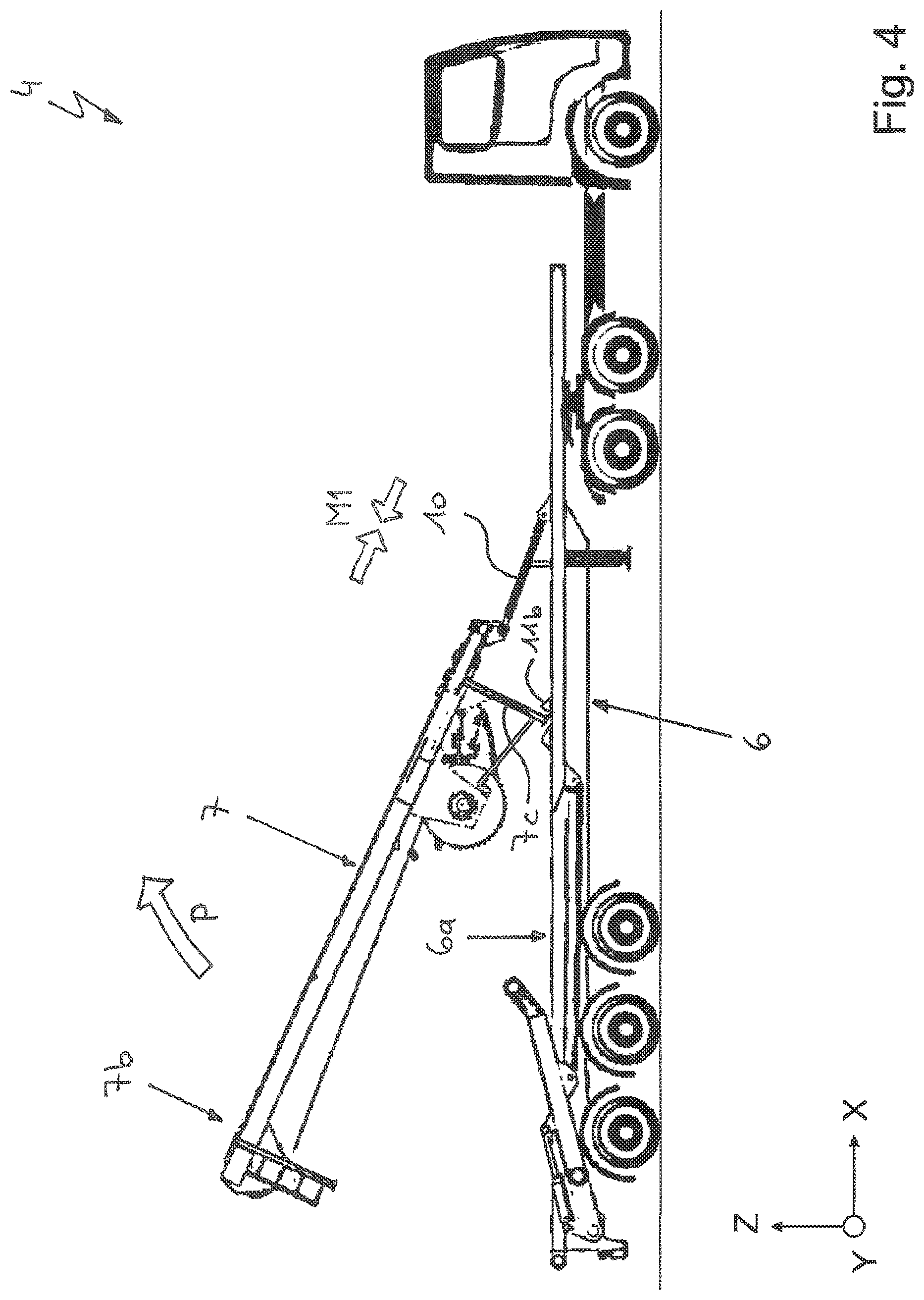 Patent US11772940 Figure 4 – Vehicle crane system having an attachment part transporting unit for a bracing device, in particular a lateral superlift, of a vehicle crane