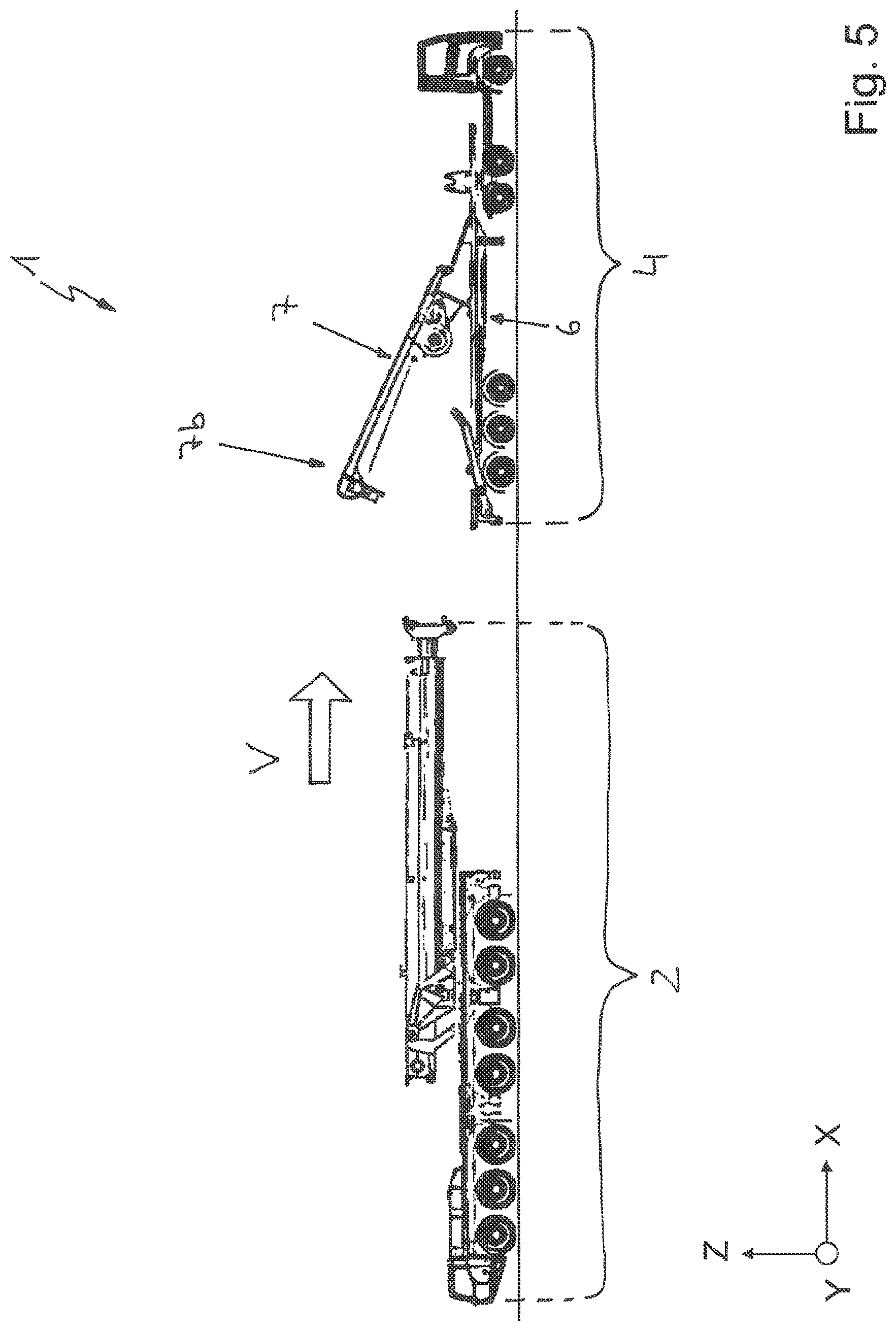 Patent US11772940 Figure 5 – Vehicle crane system having an attachment part transporting unit for a bracing device, in particular a lateral superlift, of a vehicle crane