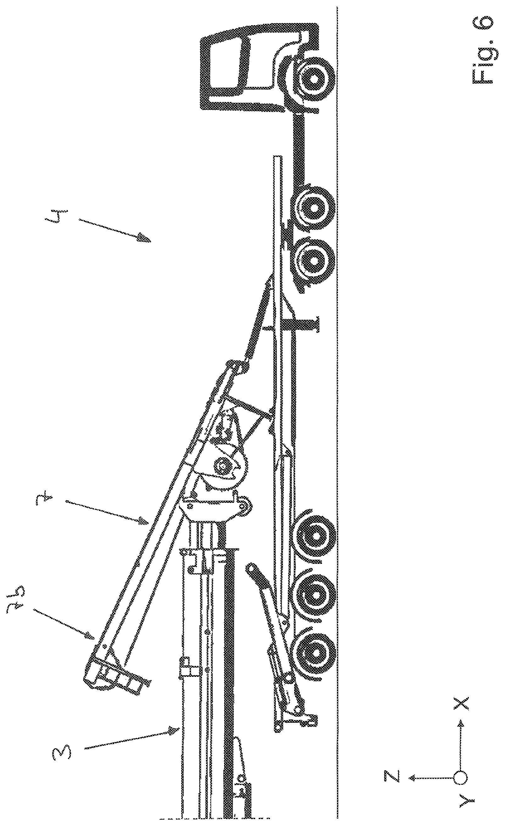 Patent US11772940 Figure 6 – Vehicle crane system having an attachment part transporting unit for a bracing device, in particular a lateral superlift, of a vehicle crane