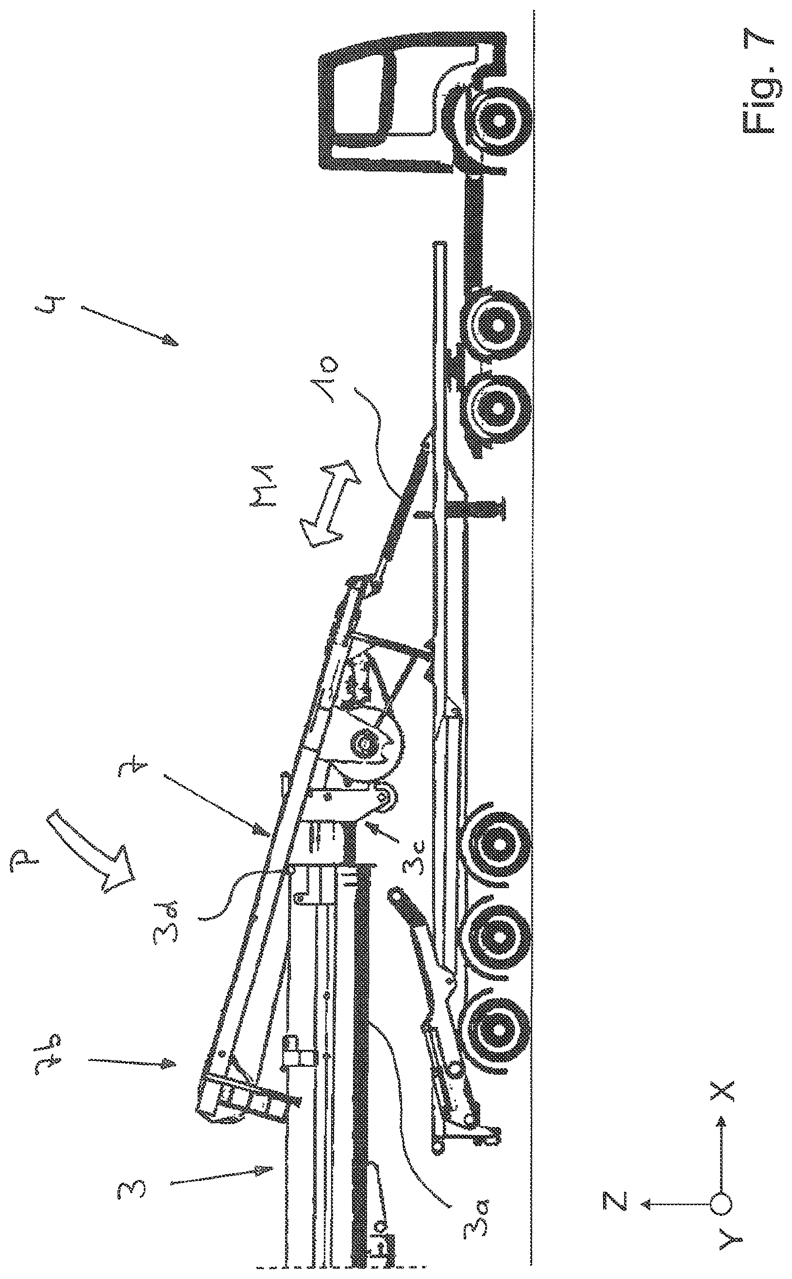 Patent US11772940 Figure 7 – Vehicle crane system having an attachment part transporting unit for a bracing device, in particular a lateral superlift, of a vehicle crane