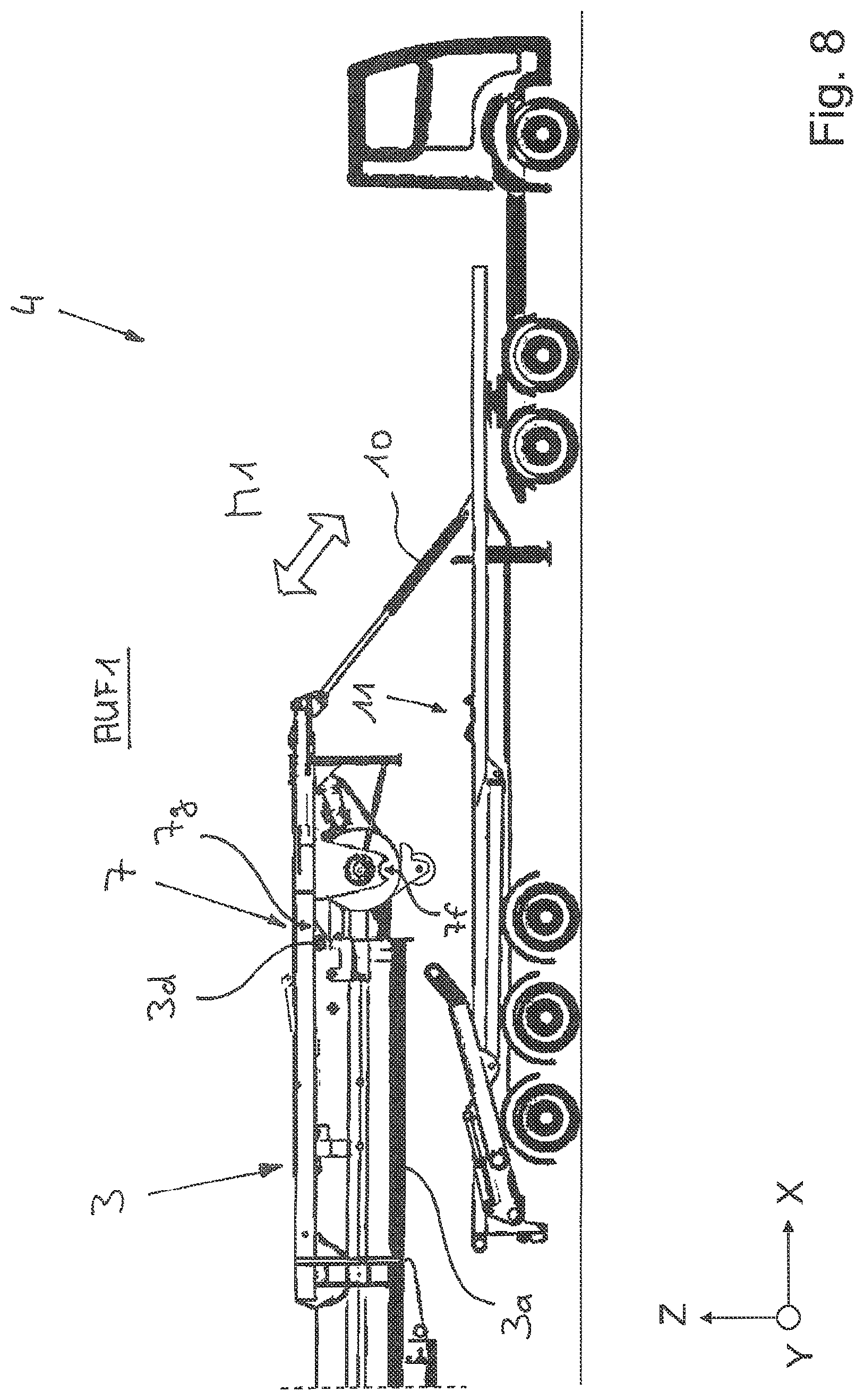 Patent US11772940 Figure 8 – Vehicle crane system having an attachment part transporting unit for a bracing device, in particular a lateral superlift, of a vehicle crane