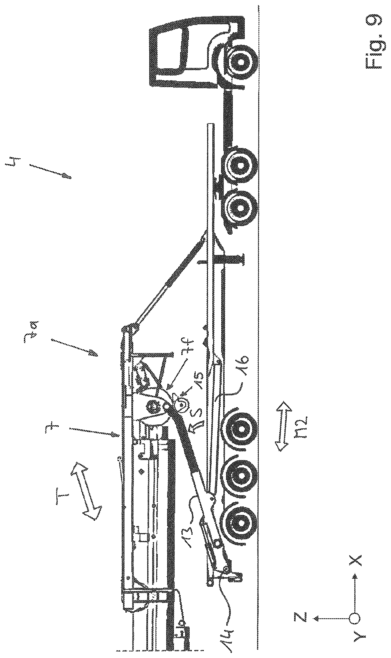 Patent US11772940 Figure 9 – Vehicle crane system having an attachment part transporting unit for a bracing device, in particular a lateral superlift, of a vehicle crane