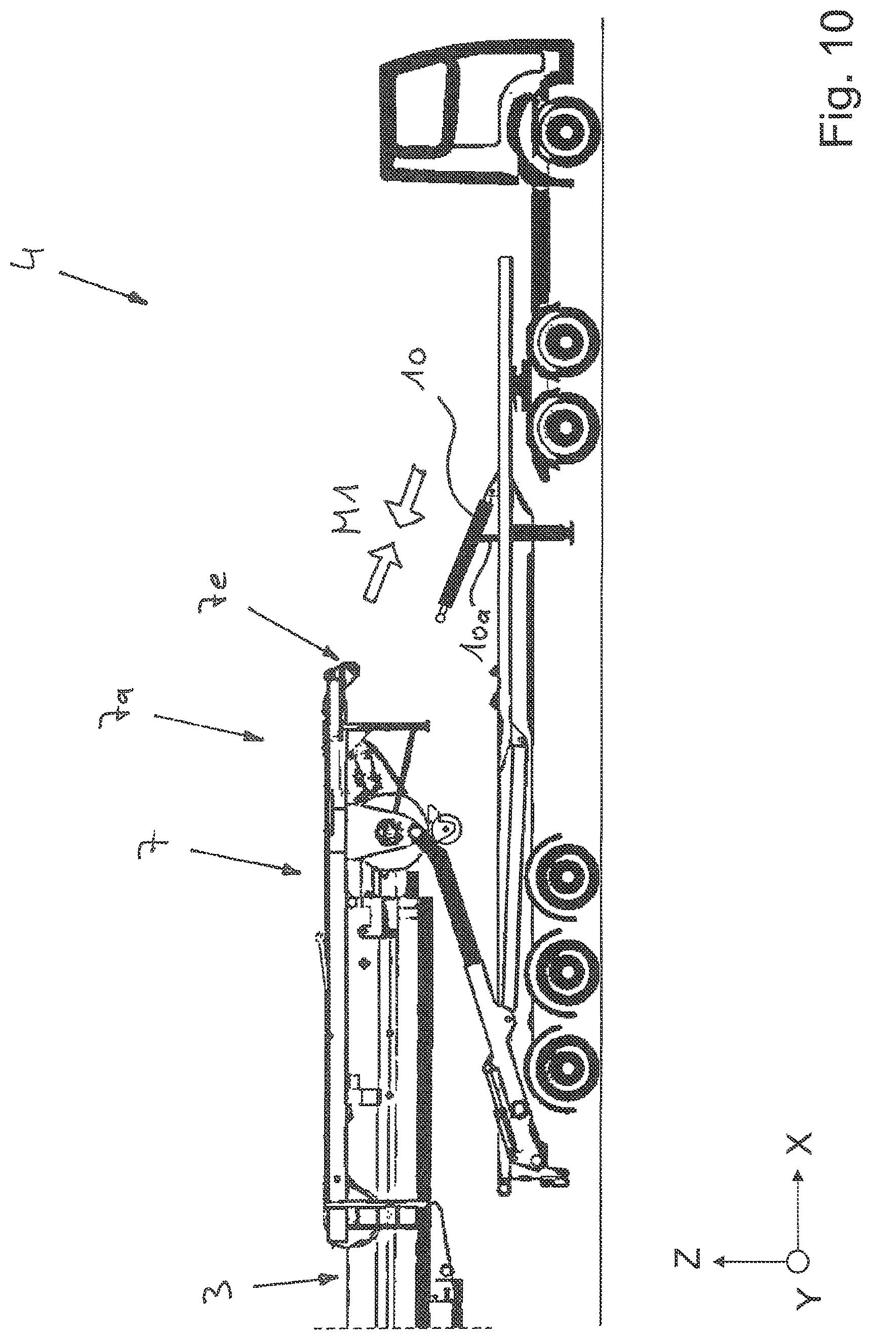 Patent US11772940 Figure 10 – Vehicle crane system having an attachment part transporting unit for a bracing device, in particular a lateral superlift, of a vehicle crane