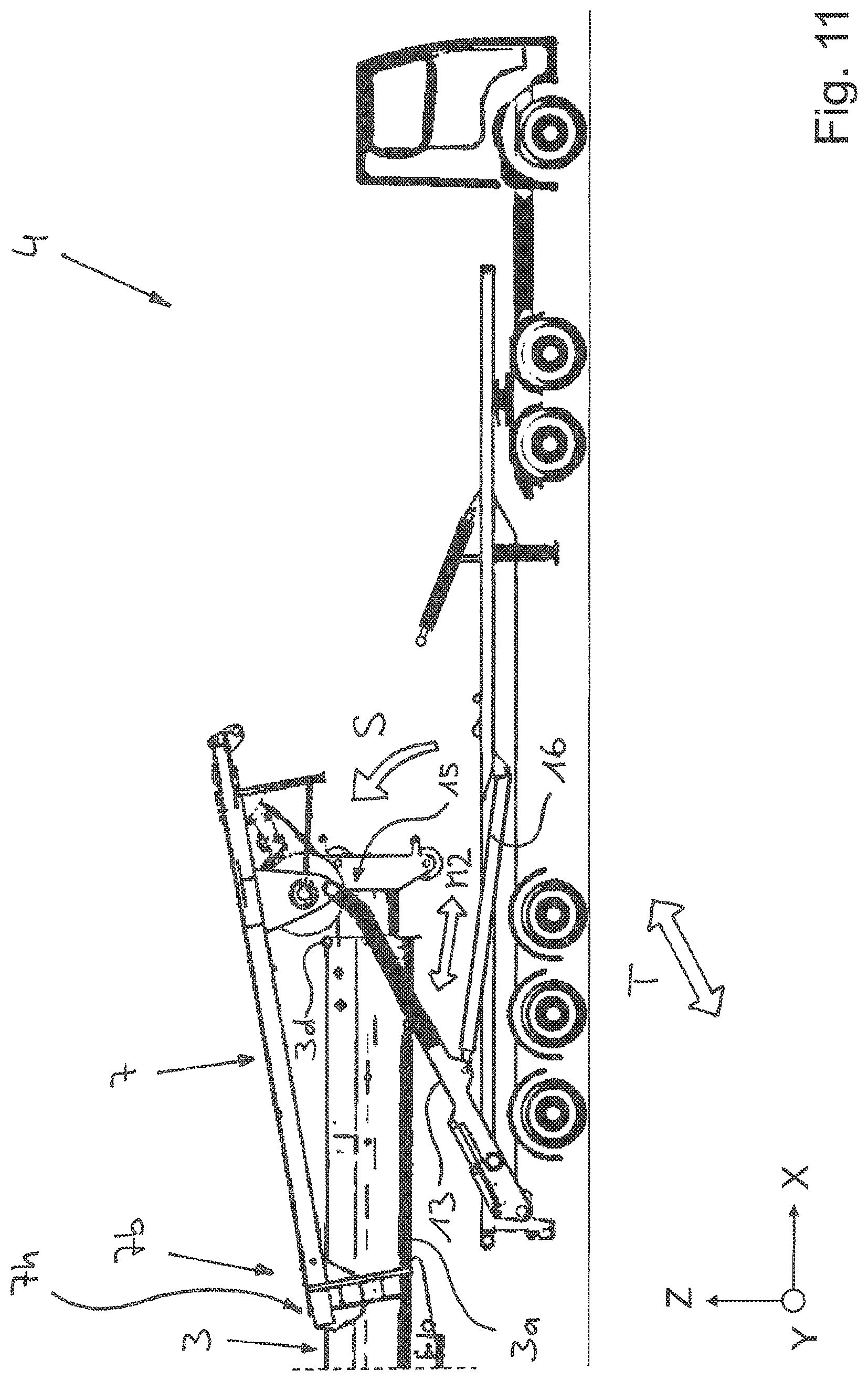 Patent US11772940 Figure 11 – Vehicle crane system having an attachment part transporting unit for a bracing device, in particular a lateral superlift, of a vehicle crane
