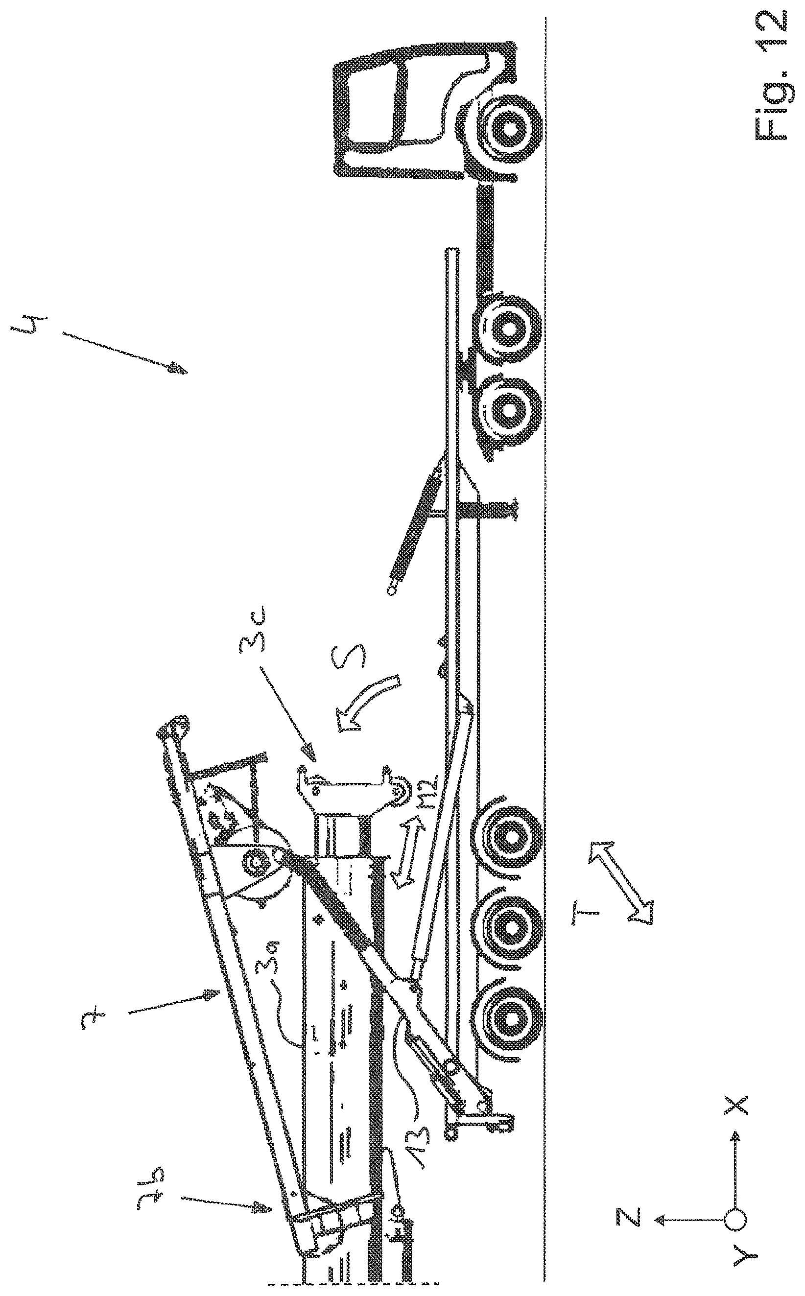 Patent US11772940 Figure 12 – Vehicle crane system having an attachment part transporting unit for a bracing device, in particular a lateral superlift, of a vehicle crane