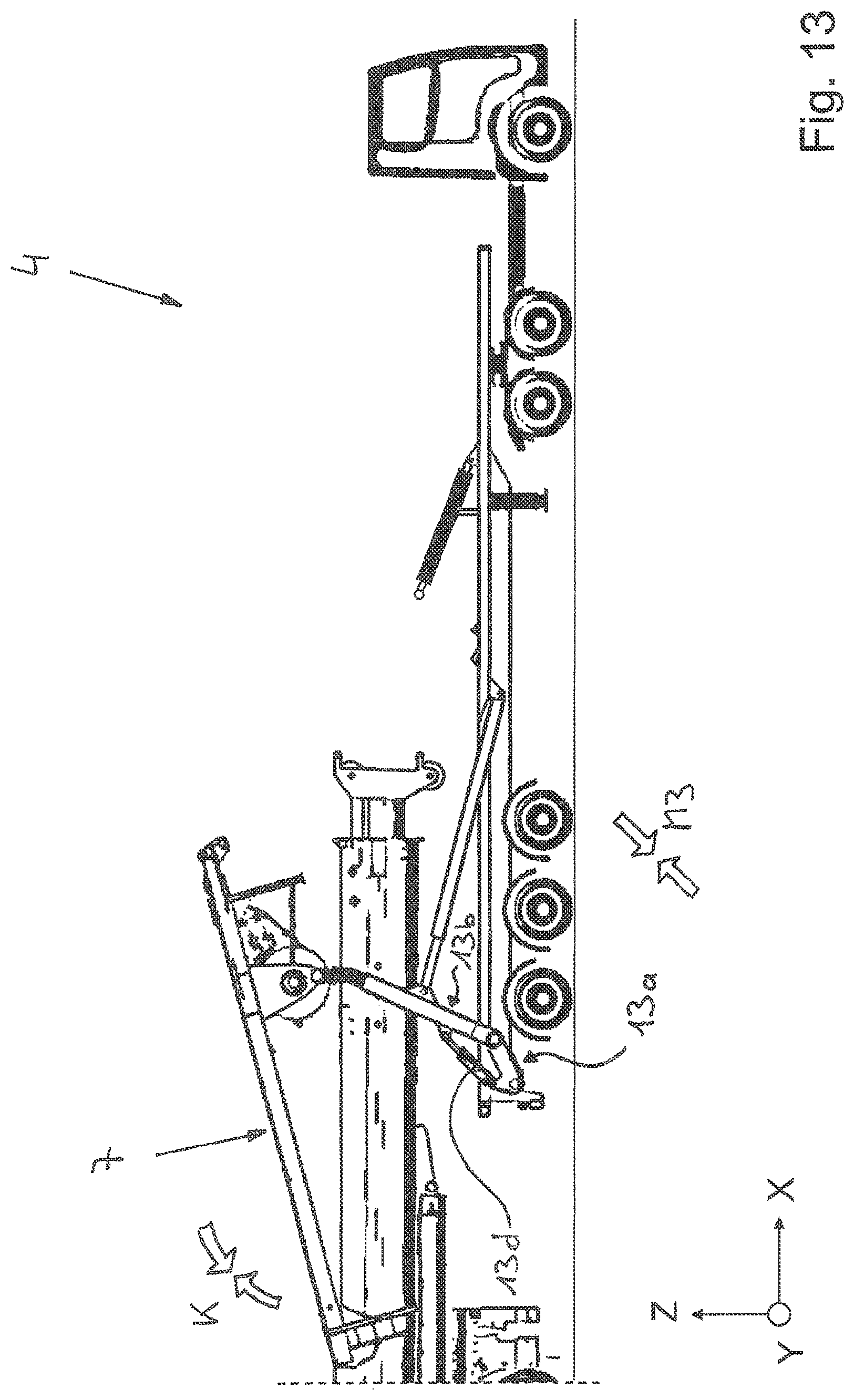 Patent US11772940 Figure 13 – Vehicle crane system having an attachment part transporting unit for a bracing device, in particular a lateral superlift, of a vehicle crane