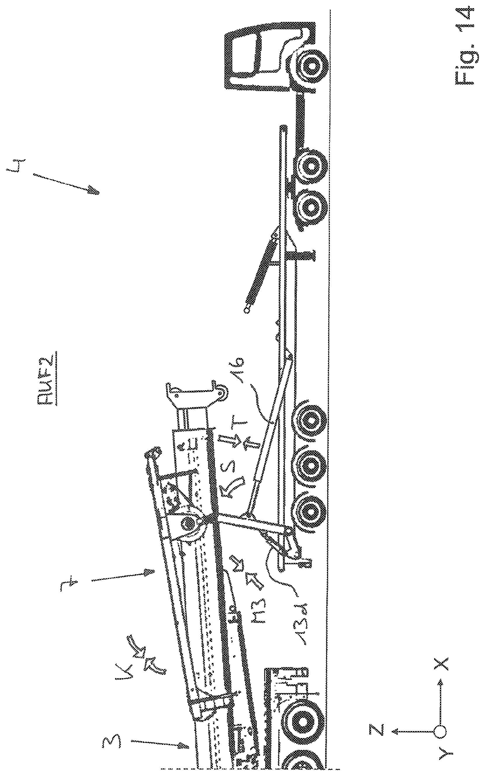 Patent US11772940 Figure 14 – Vehicle crane system having an attachment part transporting unit for a bracing device, in particular a lateral superlift, of a vehicle crane