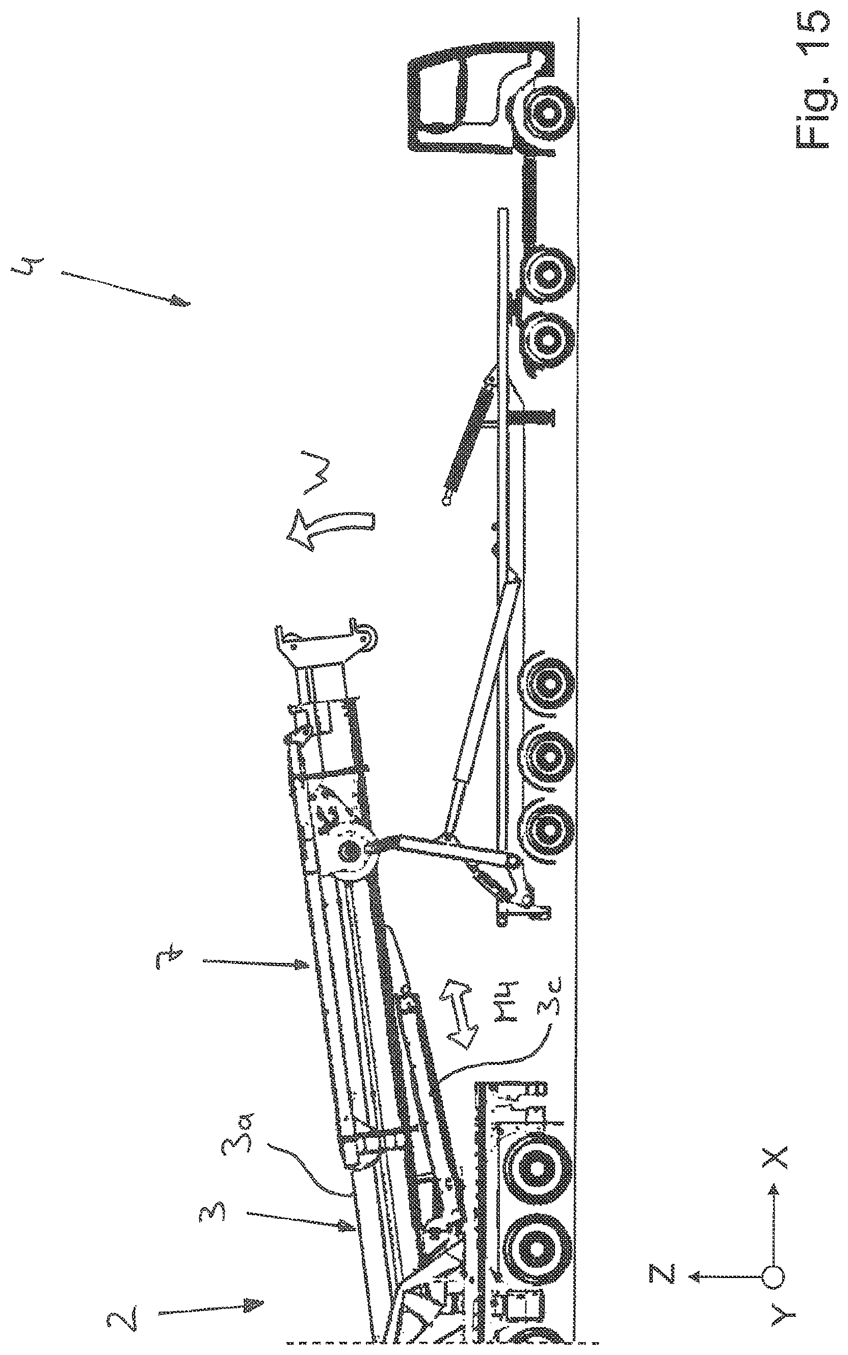 Patent US11772940 Figure 15 – Vehicle crane system having an attachment part transporting unit for a bracing device, in particular a lateral superlift, of a vehicle crane