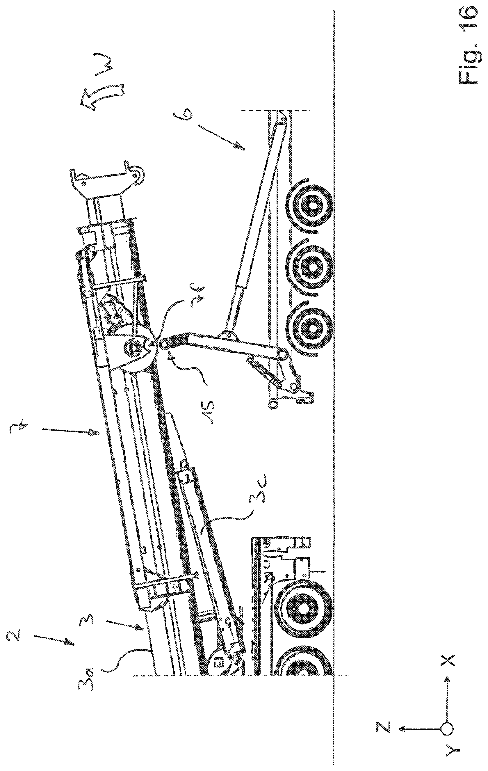 Patent US11772940 Figure 16 – Vehicle crane system having an attachment part transporting unit for a bracing device, in particular a lateral superlift, of a vehicle crane