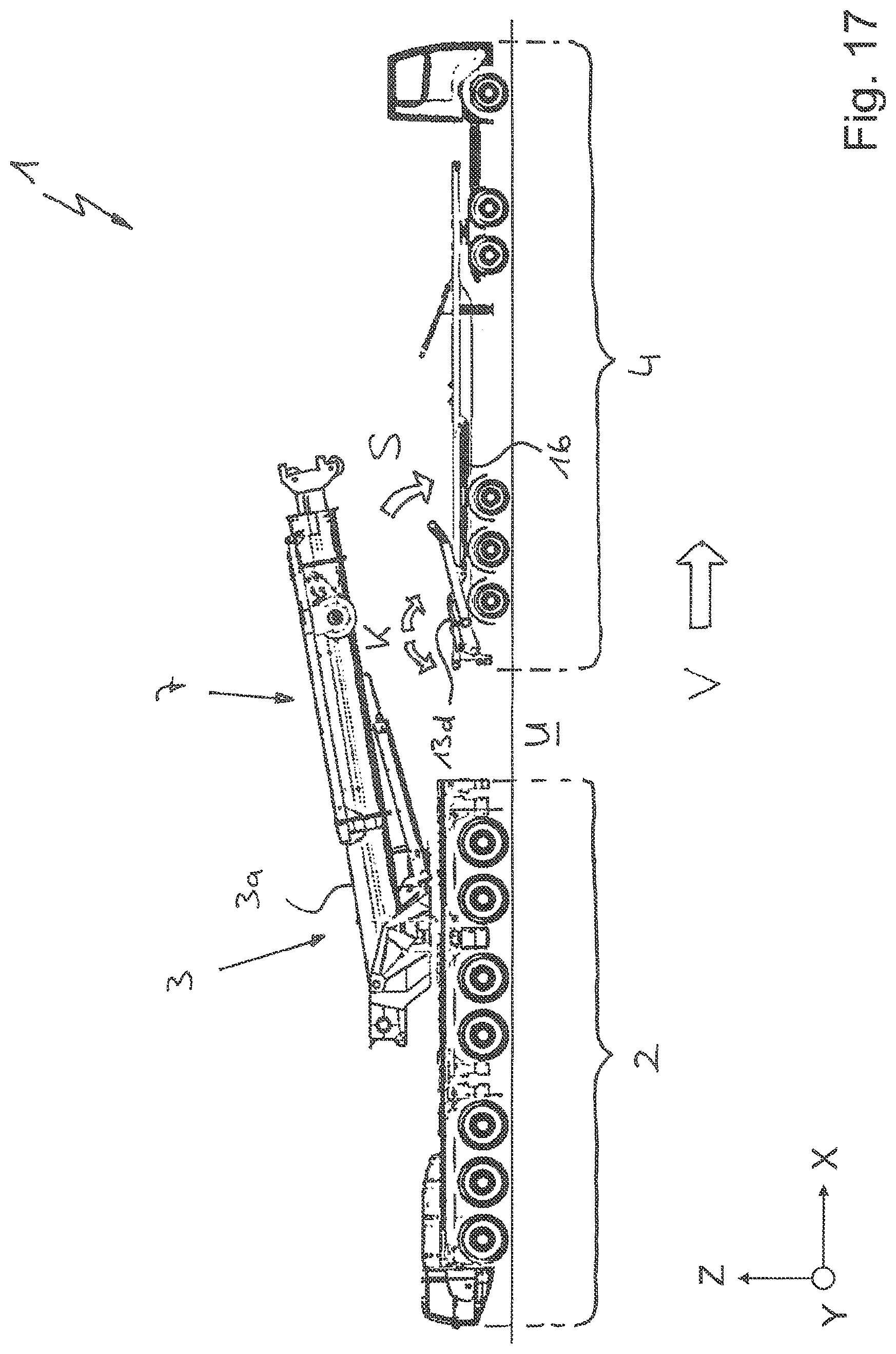 Patent US11772940 Figure 17 – Vehicle crane system having an attachment part transporting unit for a bracing device, in particular a lateral superlift, of a vehicle crane