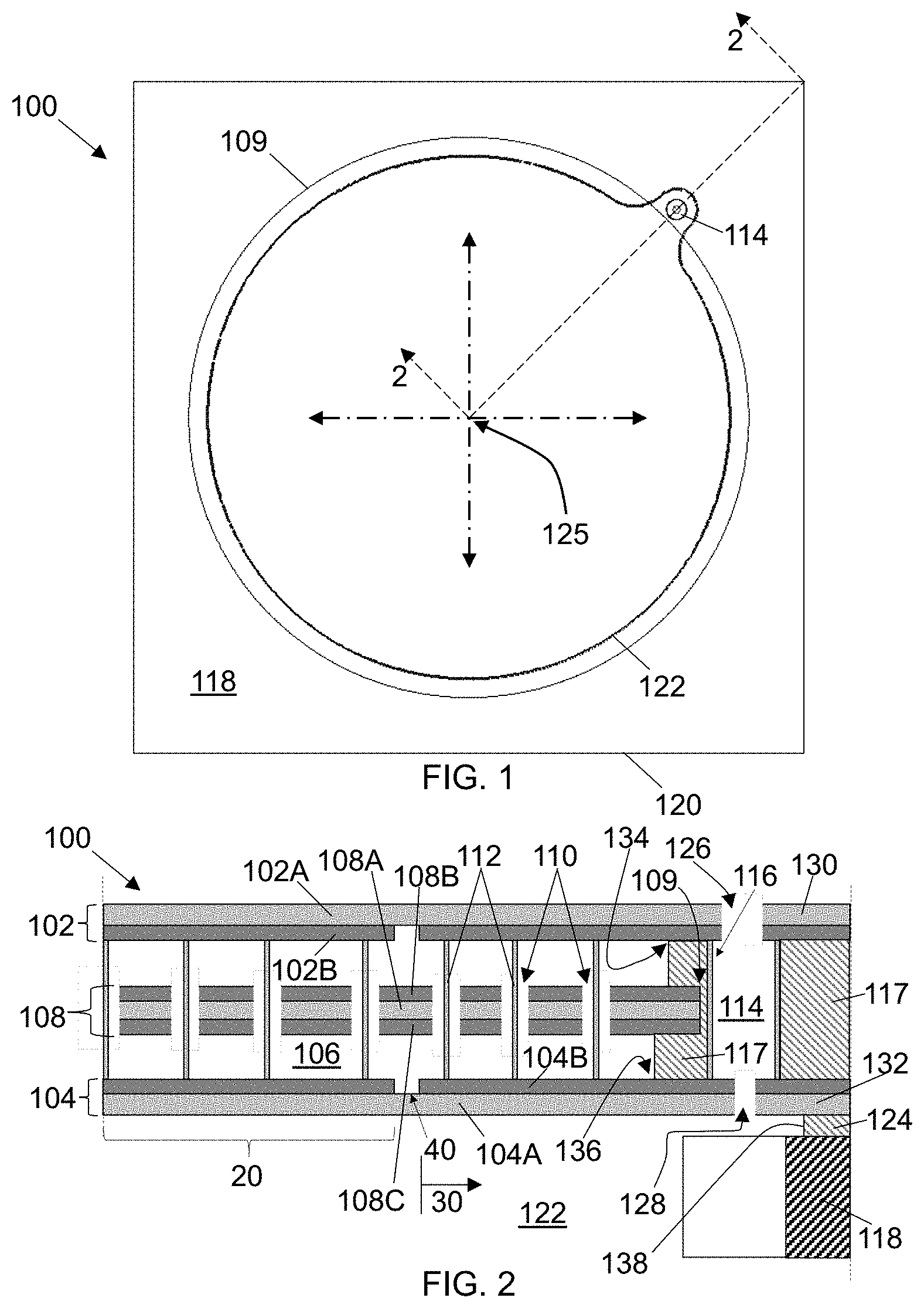 Patent US11772961 Figure 1 – MEMS device with perimeter barometric relief pierce