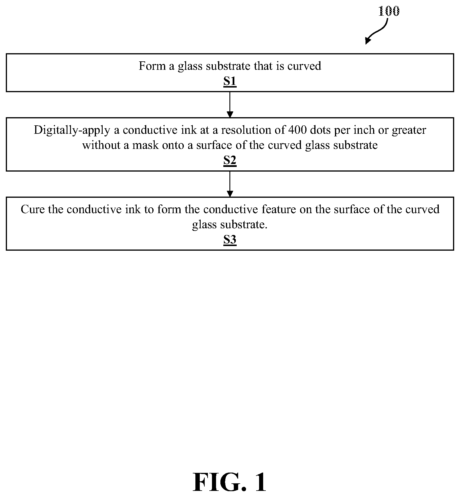 Patent US11773011 Figure 1 – Glass assembly including a conductive feature and method of manufacturing thereof