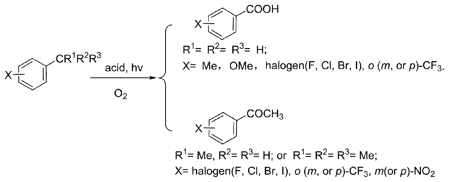 Patent US11773045 Figure 1 – Acid-catalyzed photocatalyzed oxidation reaction of benzylic C—H bonds of aromatic compound