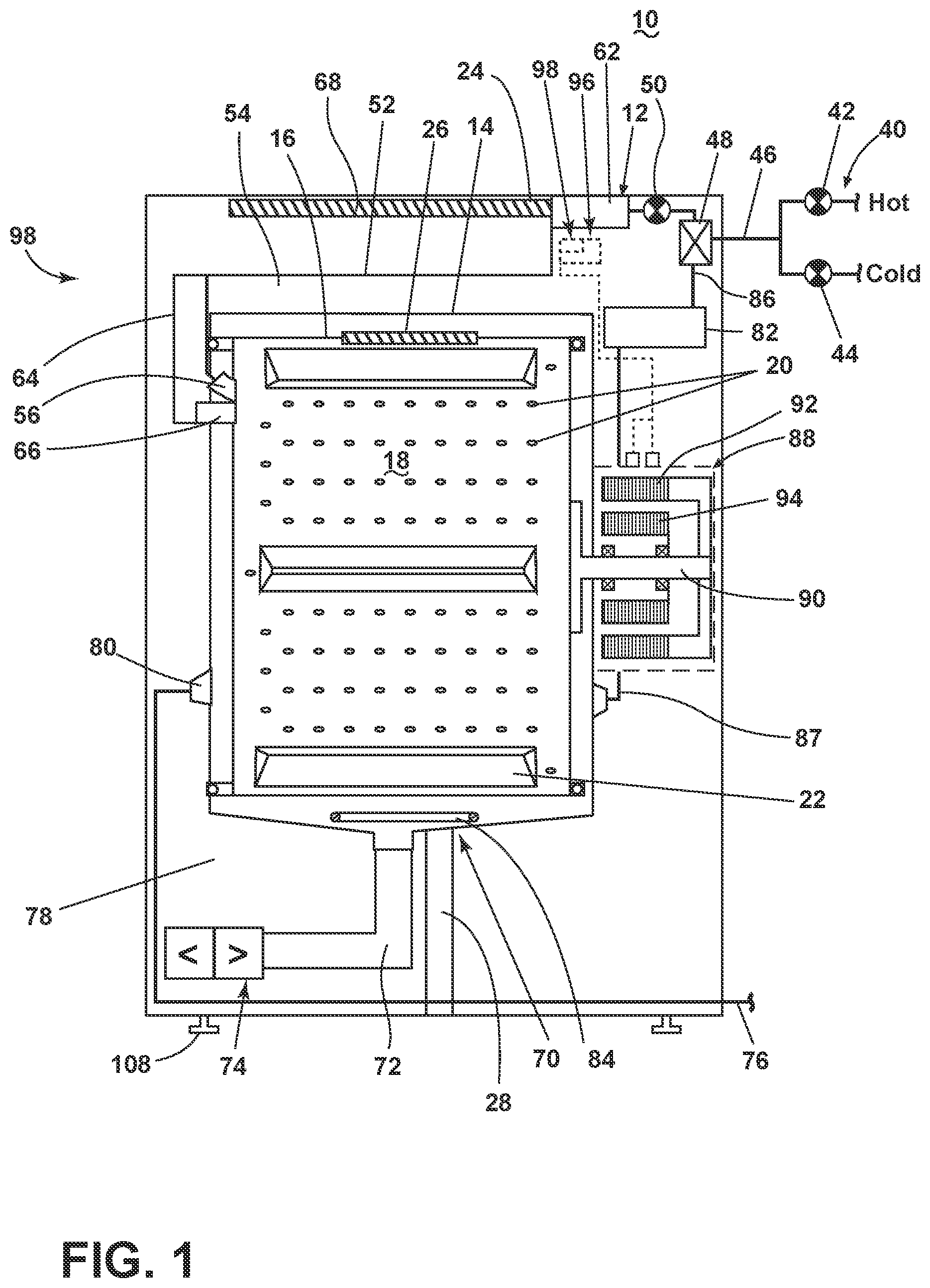 Patent US11773527 Figure 1 – Laundry treating appliance and dispenser