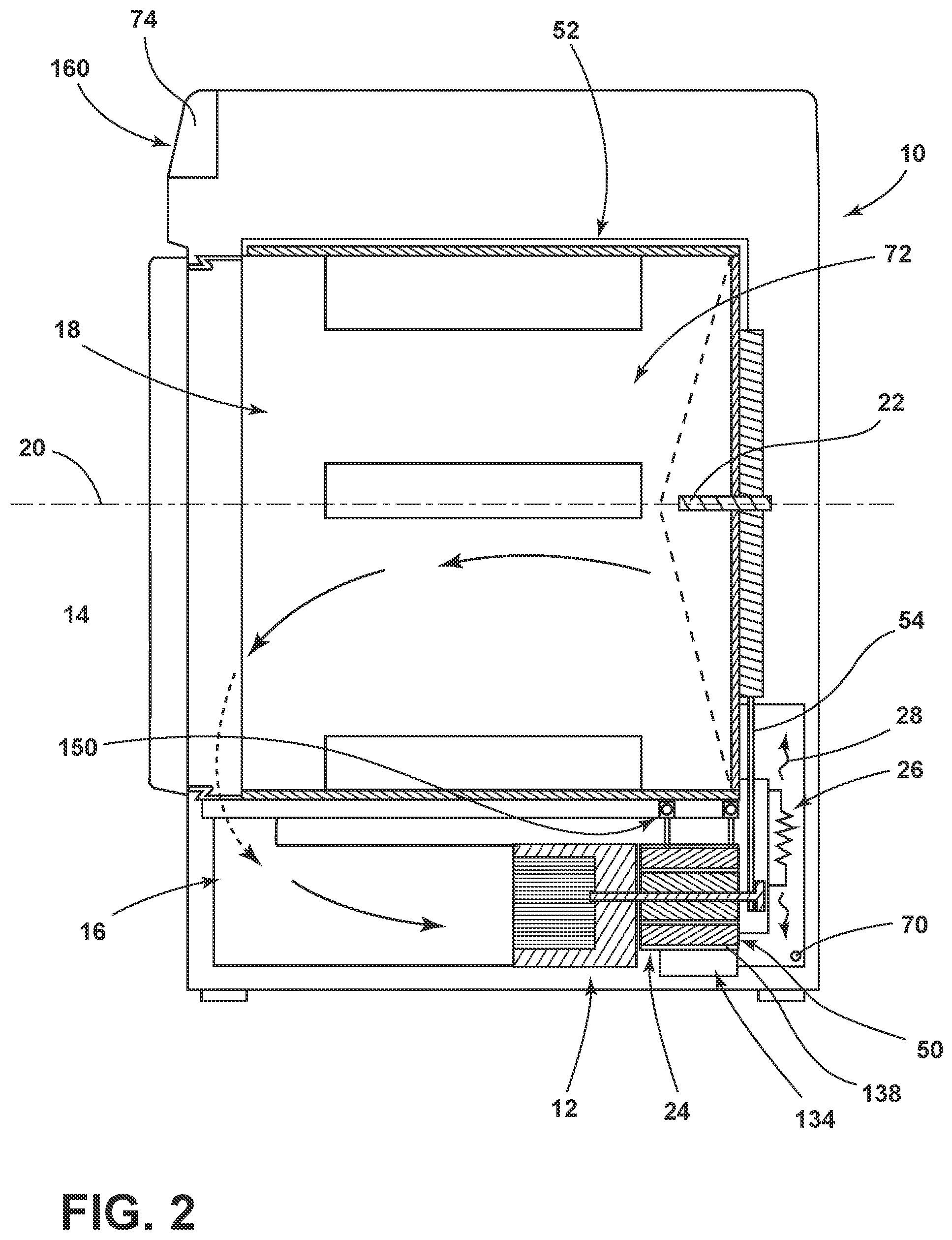 Patent US11773530 Figure 2 – Laundry appliance utilizing a permanent split capacitor motor having a sensor for providing temperature control within the appliance
