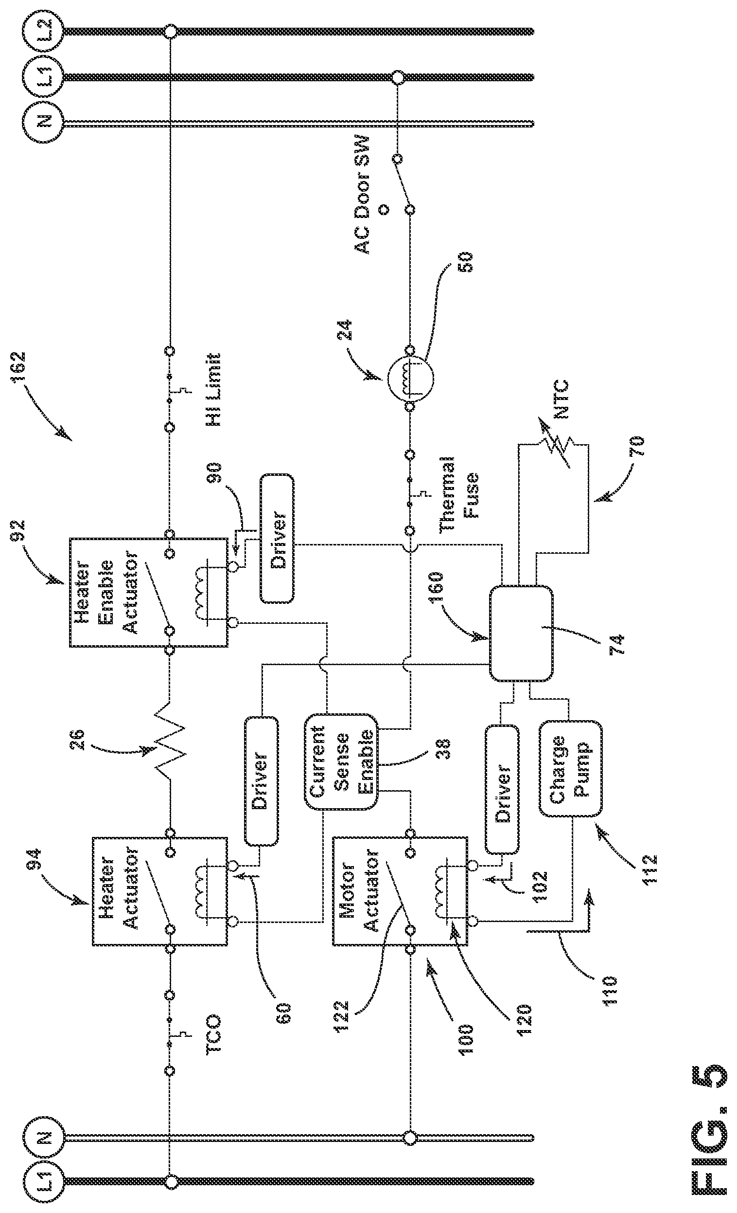 Patent US11773530 Figure 4 – Laundry appliance utilizing a permanent split capacitor motor having a sensor for providing temperature control within the appliance