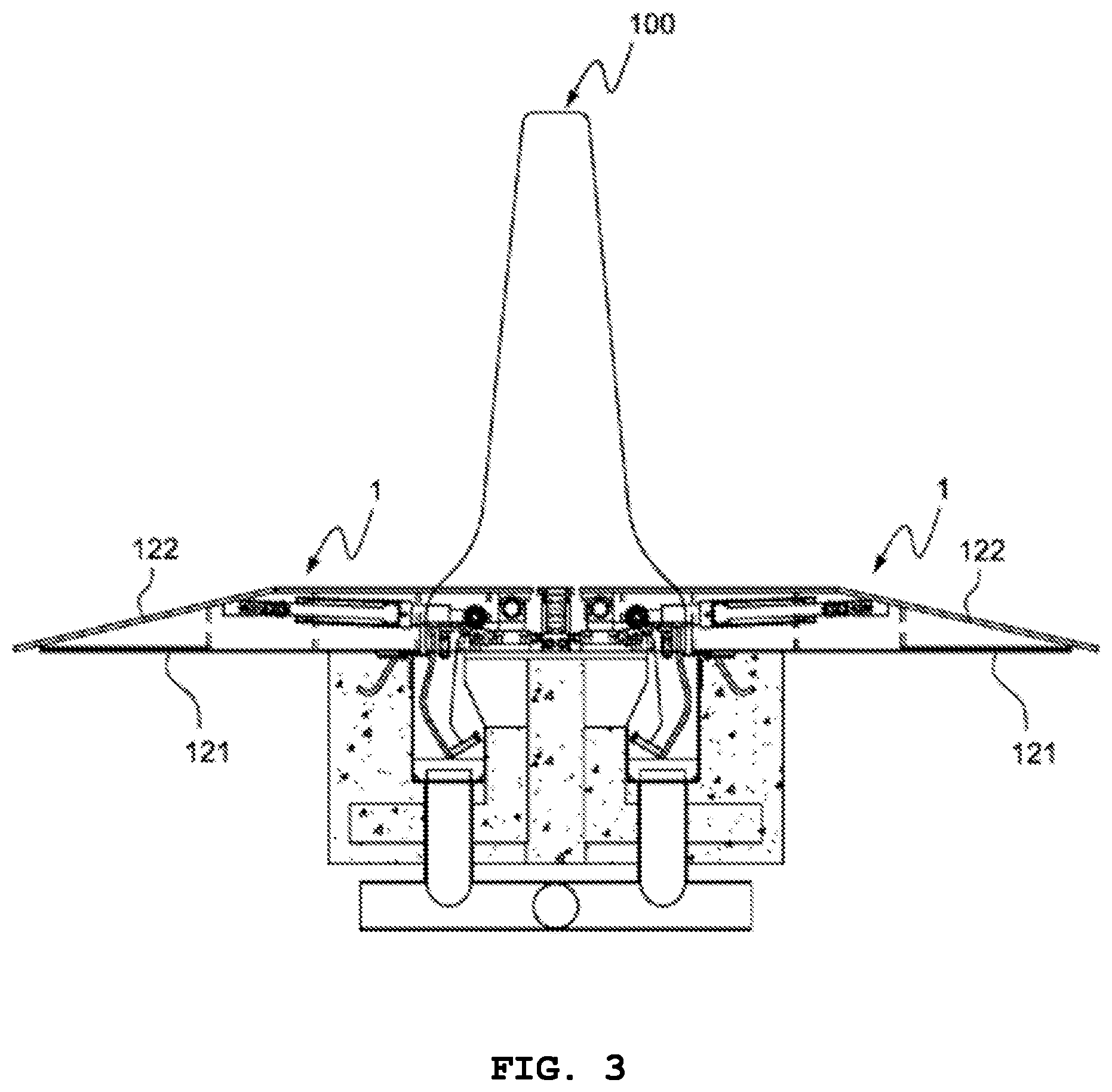 Patent US11773550 Figure 3 – Rotational deck with shock-reducing front block of emergency vehicle return apparatus for median strip