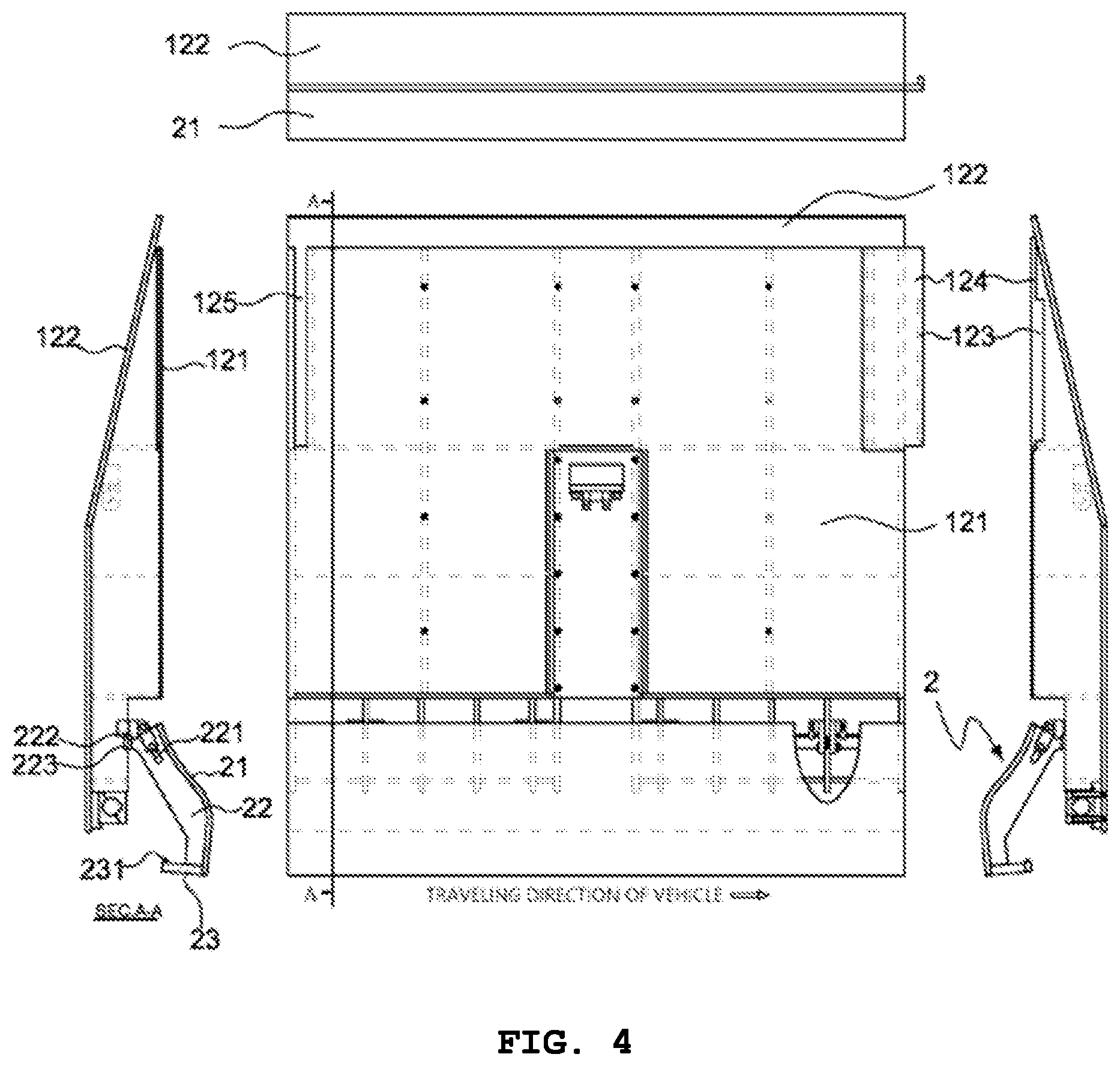Patent US11773550 Figure 4 – Rotational deck with shock-reducing front block of emergency vehicle return apparatus for median strip