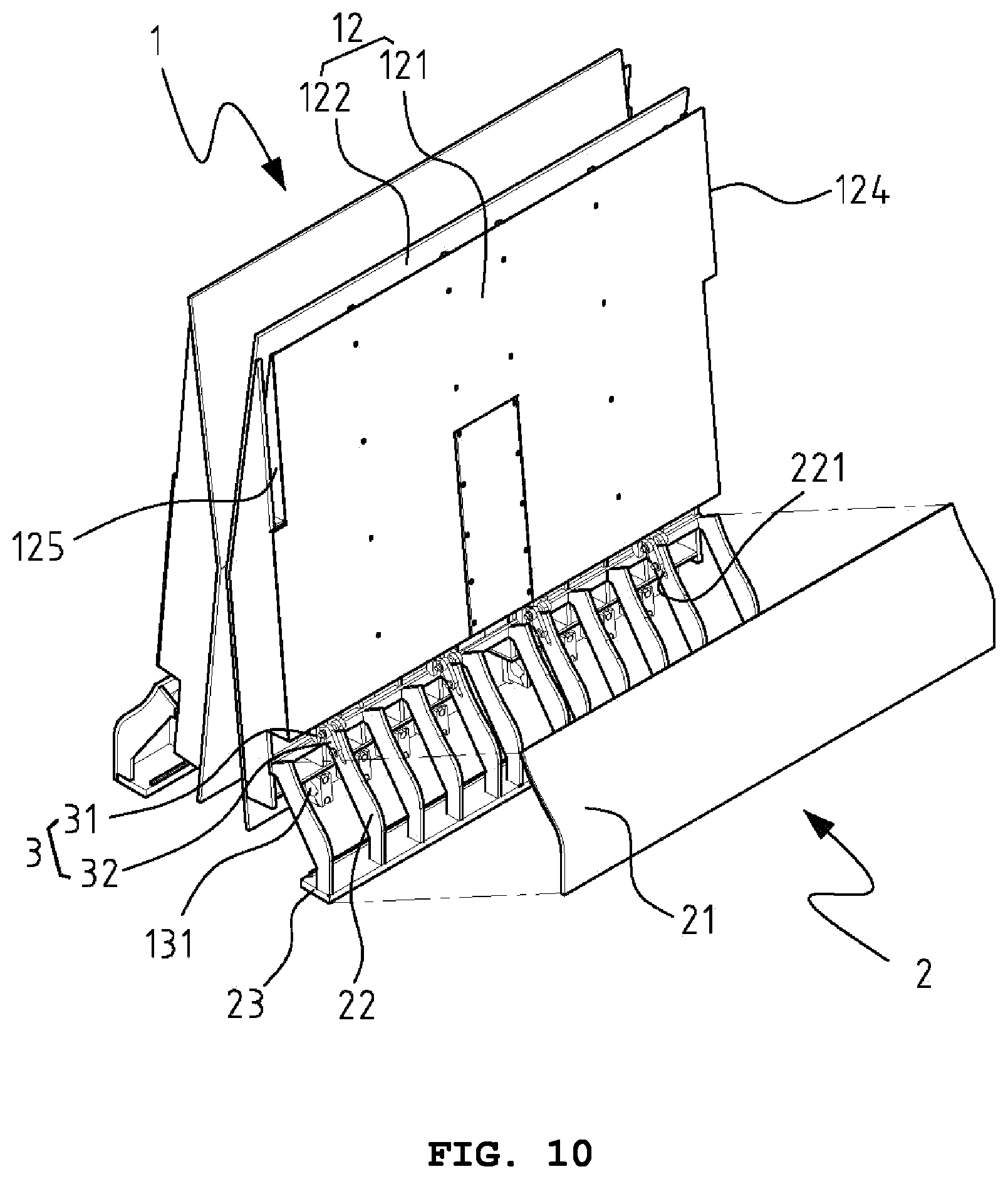 Patent US11773550 Figure 10 – Rotational deck with shock-reducing front block of emergency vehicle return apparatus for median strip