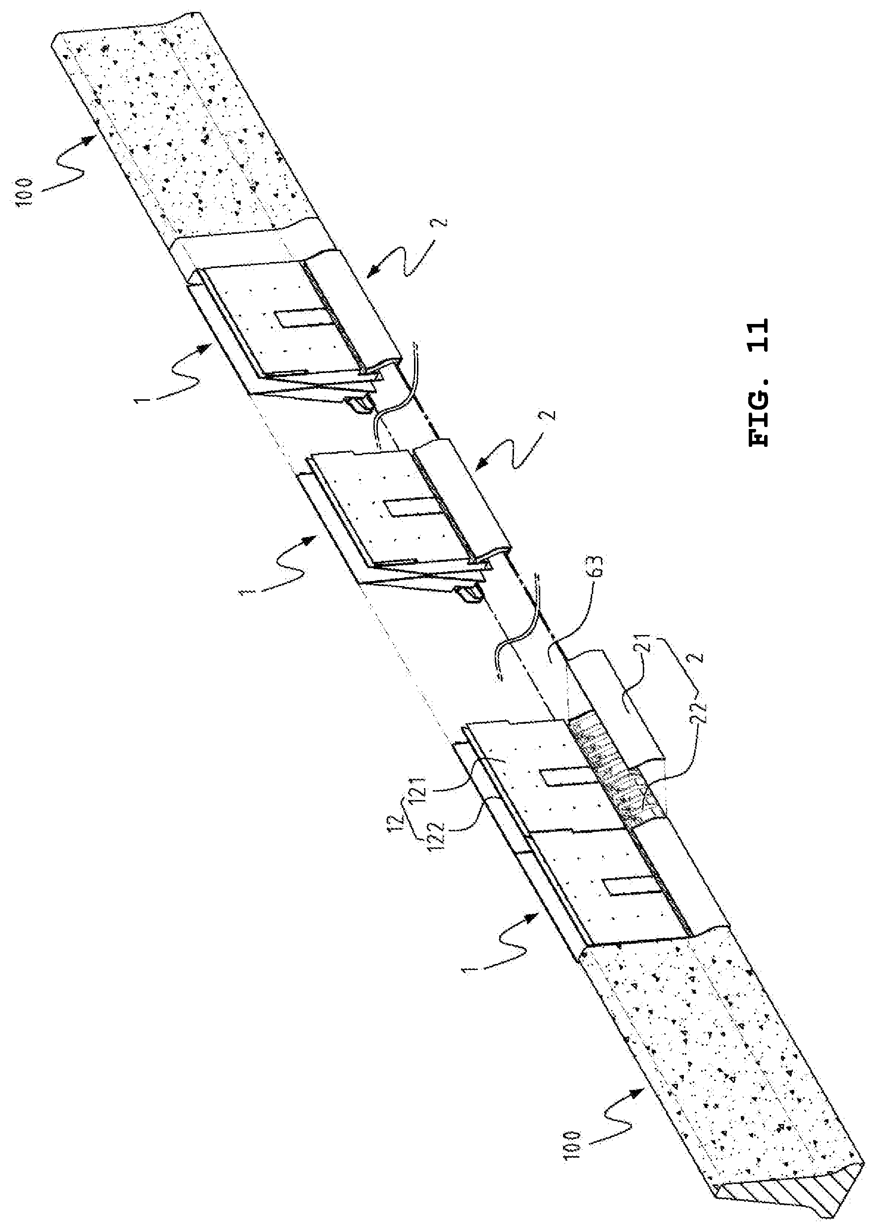 Patent US11773550 Figure 11 – Rotational deck with shock-reducing front block of emergency vehicle return apparatus for median strip