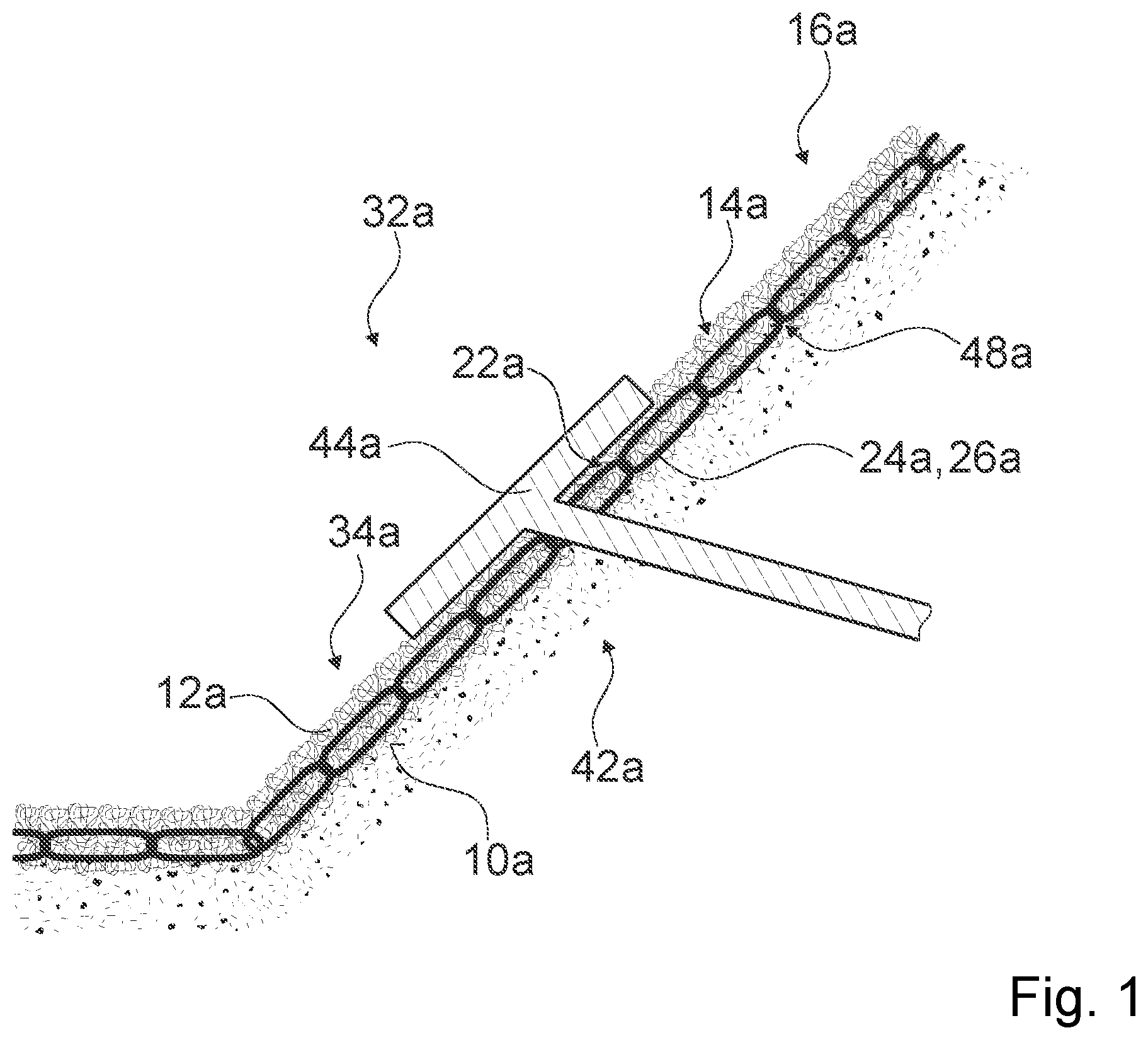 Patent US11773559 Figure 1 – Protective device, slope securing means as well as use of and method for producing the protective device